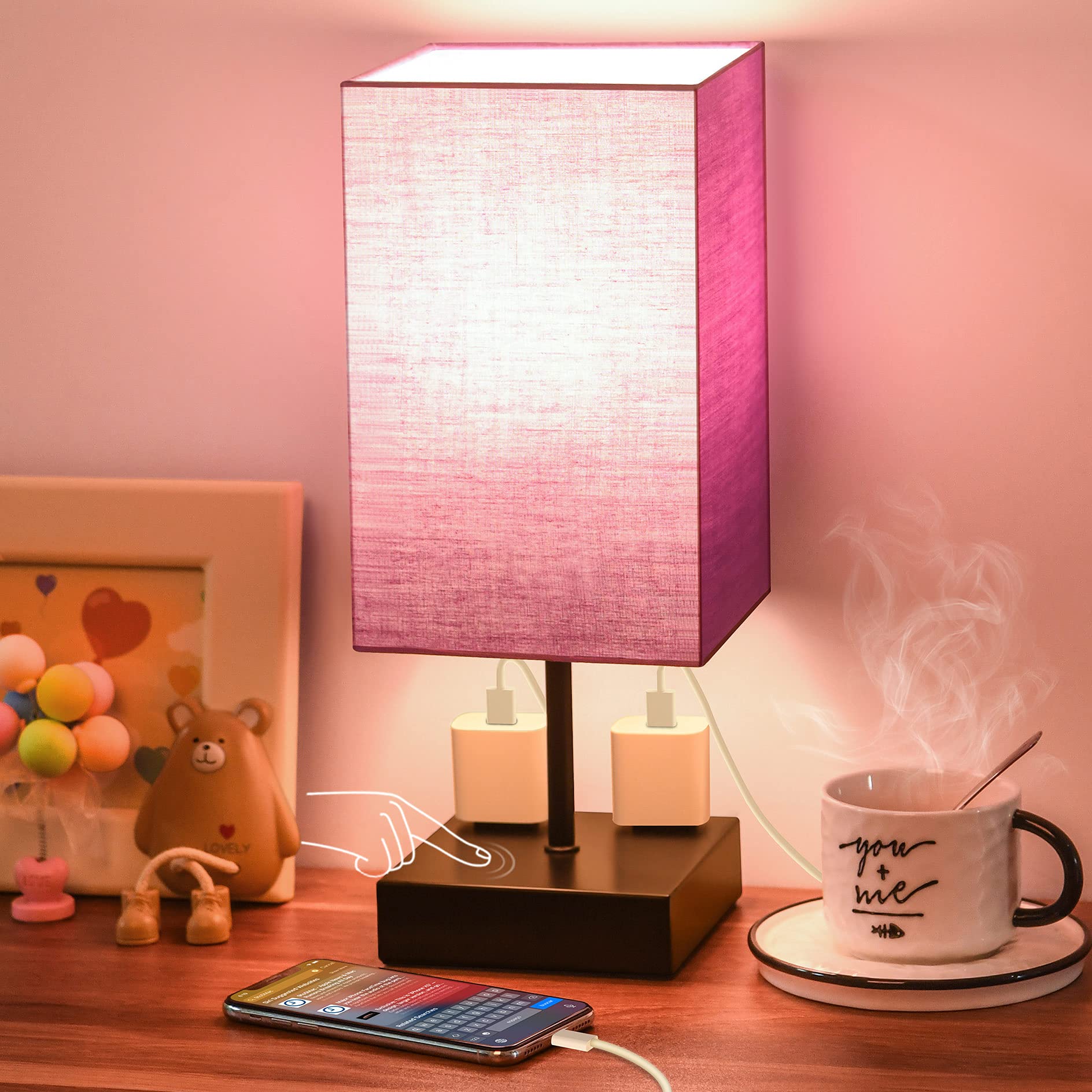Sailstar 3-Way Dimmable Touch Control Bedside Lamp - Purple Nightstand Lamp with 2 USB Outlets, Small Table Lamp for Bedroom, Living Room & Office Desk (Bulb Included) - Perfect for Reading, Working & Relaxing