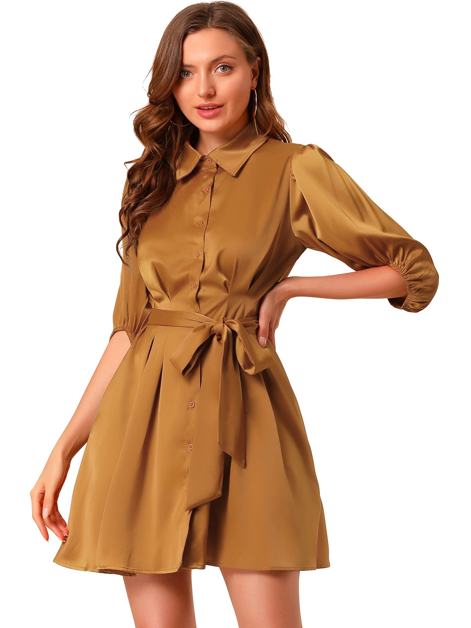 Allegra K Women's Elegant Satin Shirt Dress with A-Line Pleated Waist, Puff Sleeves & Belt - Perfect for Office Wear, Cocktail Parties & Special Occasions