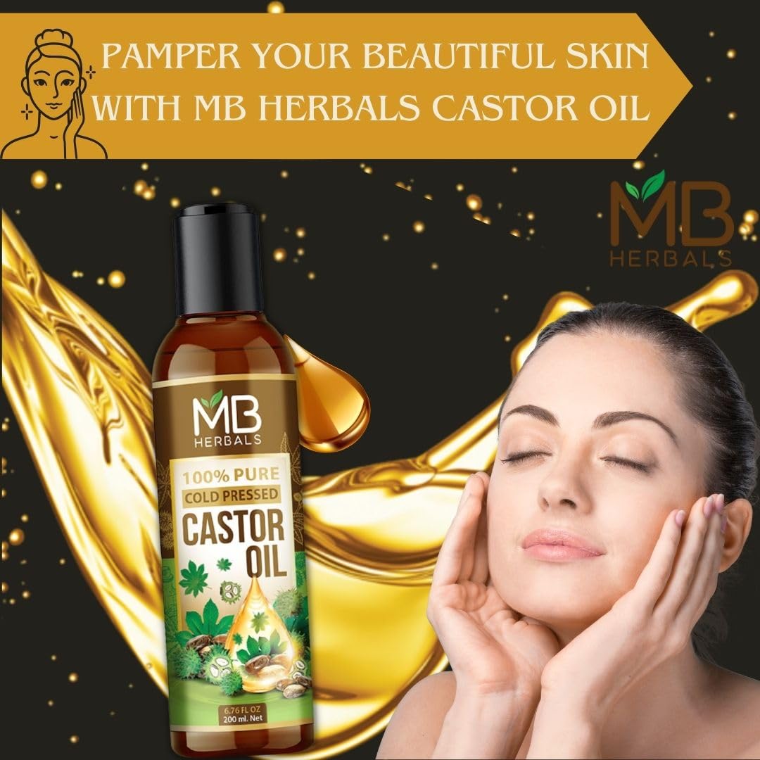 MB Herbals 100% Pure Cold Pressed Castor Oil for Hair Growth, Skin Care & Nail Strength - Natural Beard Growth Treatment - 200ml - Perfect for Daily Hair & Skin Routine, DIY Beauty Recipes & Eyelash Enhancement