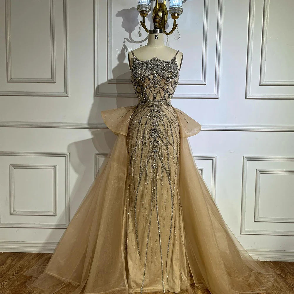 Luxury Dubai Nude Saudi Beaded Spaghetti Strap Evening Gown with Overskirt - Formal Dresses for Weddings, Prom & Special Occasions