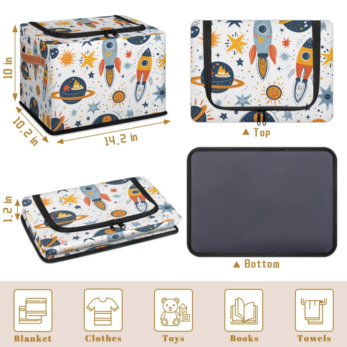 Bright Rocket Storage Boxes with Sturdy Handles - 2 Pack Zippered Storage Bins for Clothes, Toys & Home Organization - Durable Fabric Storage Baskets with Zipper Lid for Bedroom, Closet & Nursery Organization