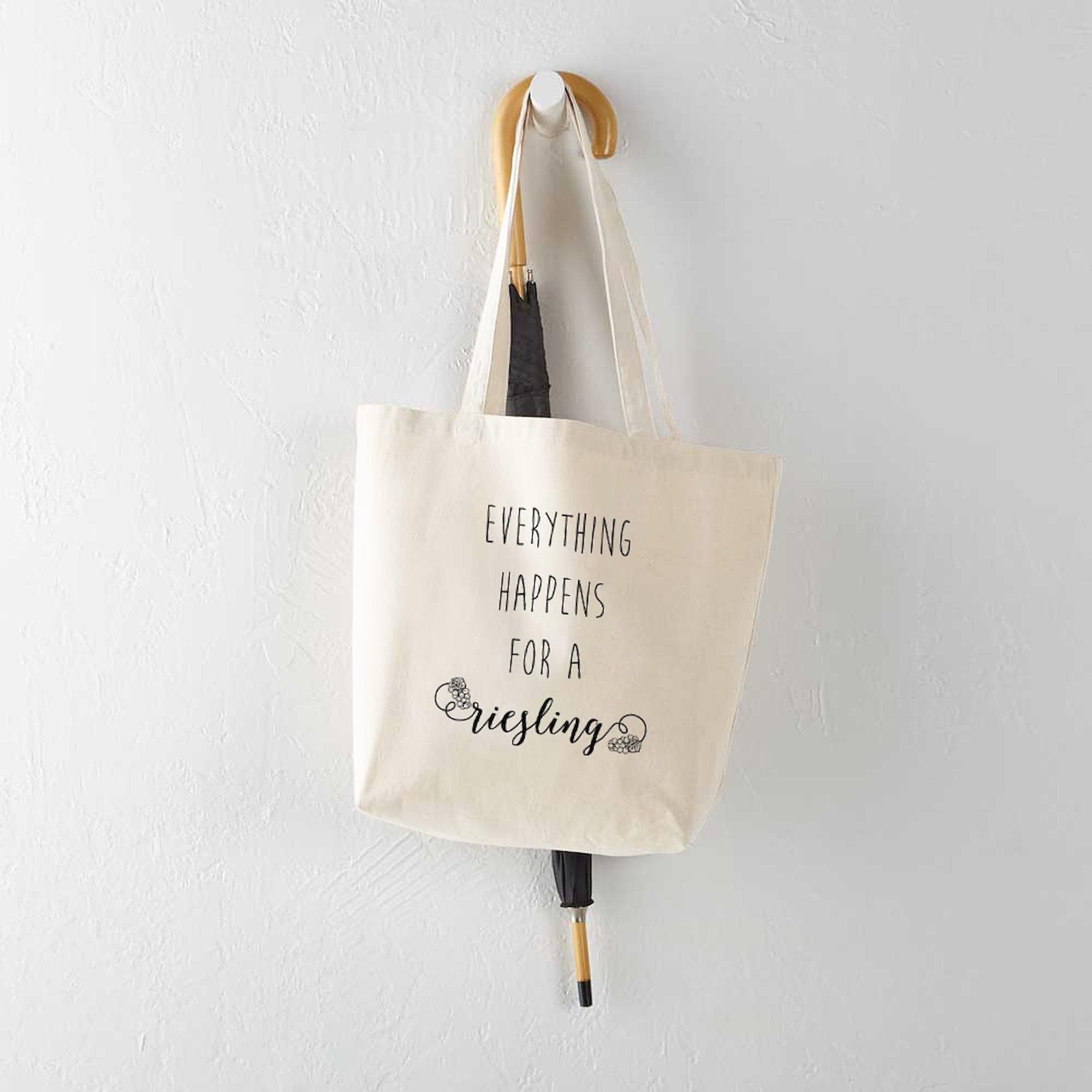 Everything Happens For A Riesling Tote Bag - Natural Canvas Reusable Shopping Bag for Wine Lovers | Perfect for Groceries, Beach Trips & Wine Tastings