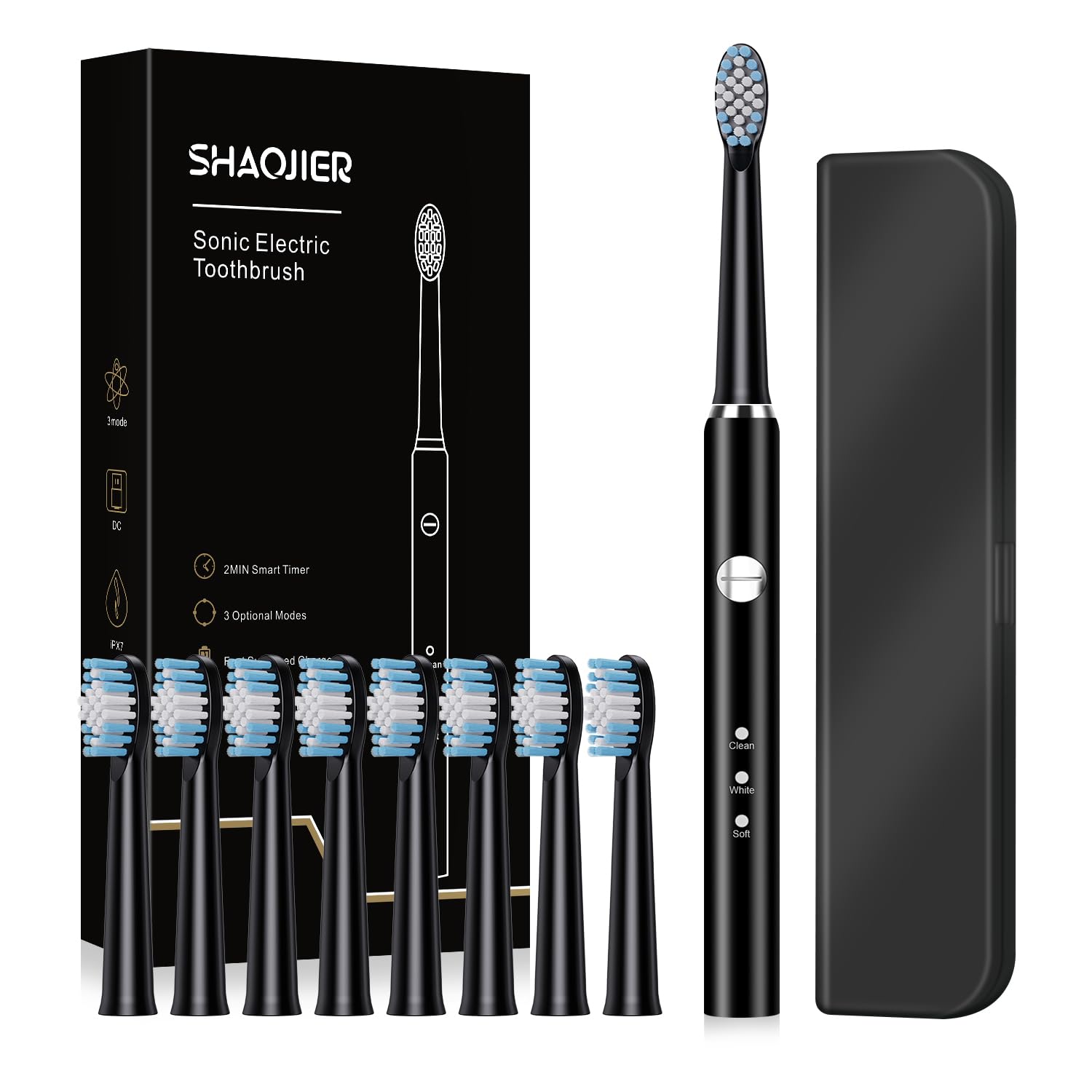 Sonic Electric Toothbrush for Adults & Kids - 8 Replacement Brush Heads & Travel Case - Rechargeable Portable Toothbrush for Home & Travel (Black) - Perfect for Daily Oral Care & On-the-Go Use