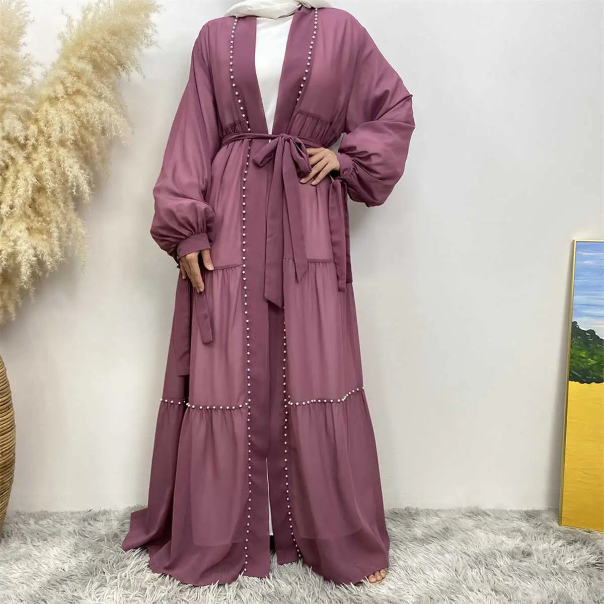 Elegant Muslim Women's Chiffon Beaded Open Abaya Dress - Modest Islamic Prayer Dress for Mosque, Eid & Special Occasions