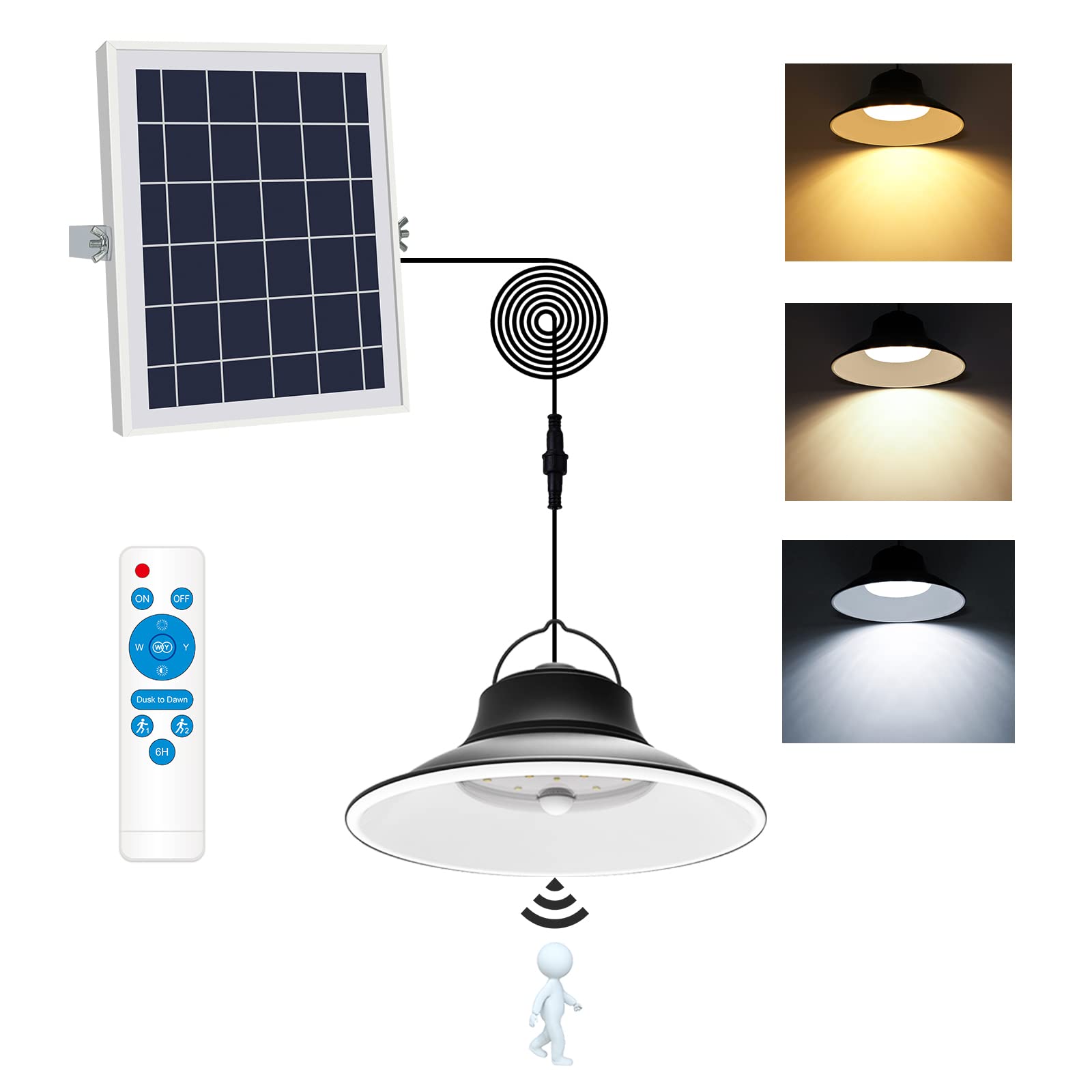 NIORSUN Solar Pendant Light with Motion Sensor - Outdoor/Indoor Dimmable LED Light (3000K/4500K/6000K) with 16.4ft Cable & Remote Control, IP65 Waterproof for Shed, Barn, Gazebo, Patio (1 Pack) - Perfect for Pathway Lighting, Garden Decor, and Backyard Security