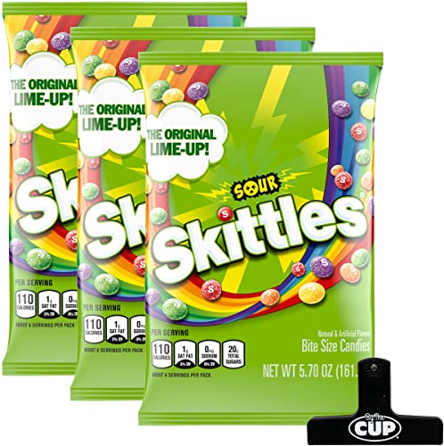 Sour Skittles Candy - 5.7 Ounce (Pack of 3) with By The Cup Bag Clip | Tangy Fruit Flavored Chewy Candy for Parties, Movie Nights & Snacking