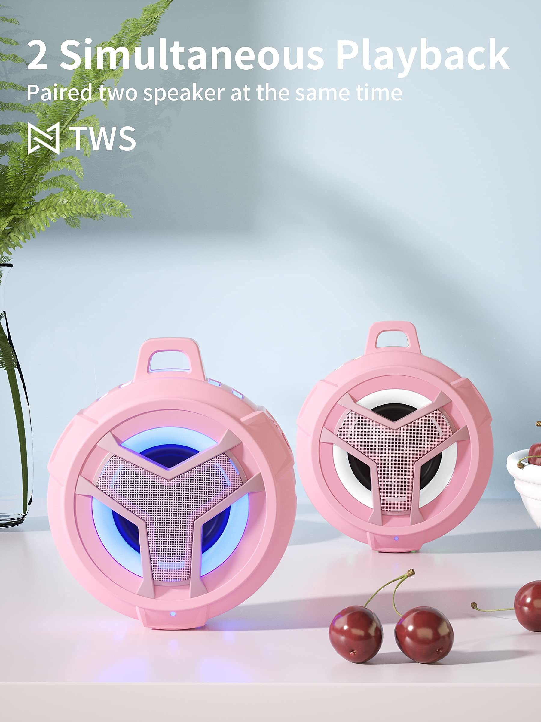 EBODA Waterproof Bluetooth Speaker with LED Light Show, Floating Design, Portable Wireless Speaker with 24H Playtime & True Wireless Stereo - Perfect for Kayaking, Pool Parties, Beach Outings, Biking (Gray and Pink)