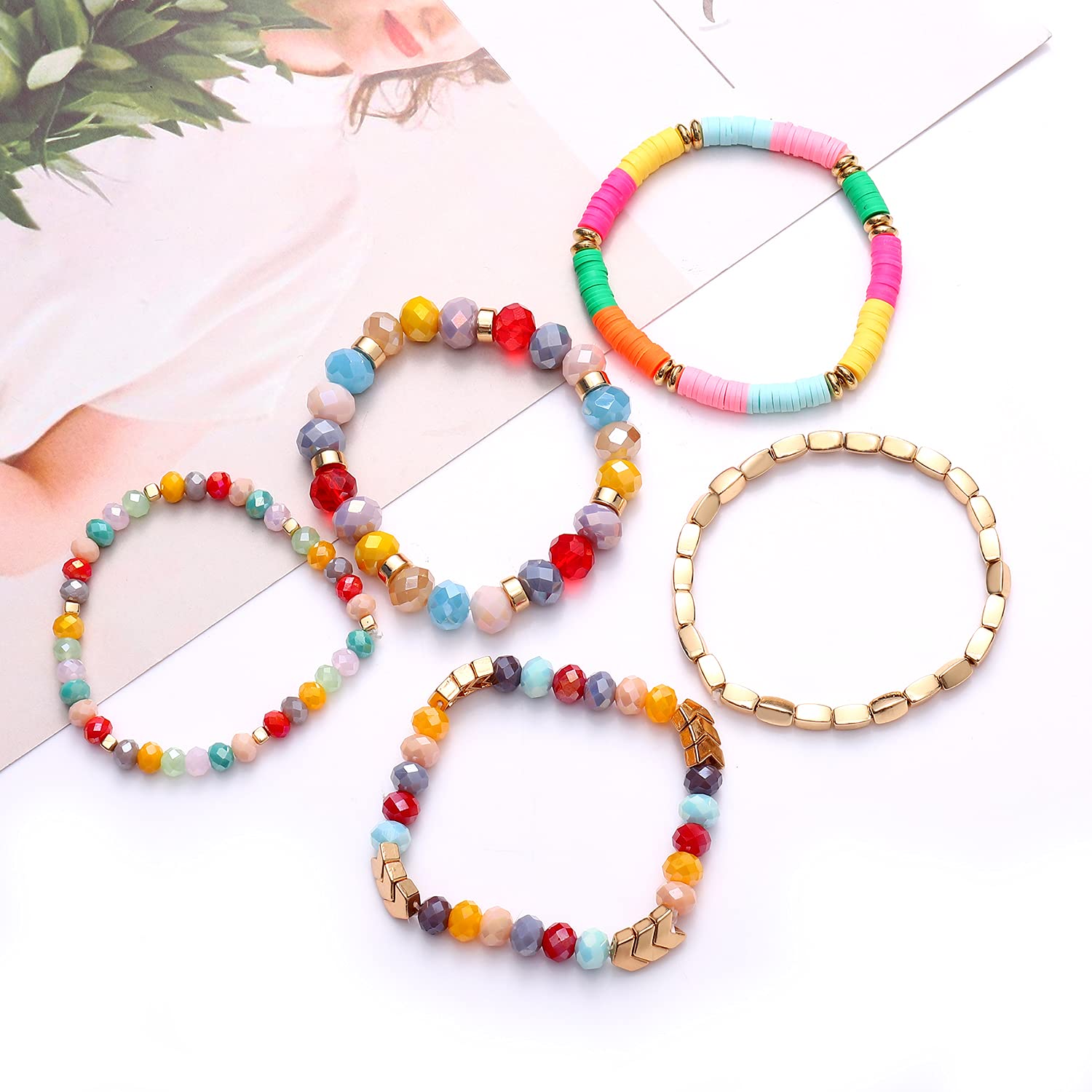 ANGLESJELL Beaded Stretch Bracelets for Women - Multilayered Colorful Crystal Heishi Bead Boho Bracelet Set | Stackable Summer Beach Jewelry | Perfect for Surfer Gifts, Boho Fashion & Festival Accessories