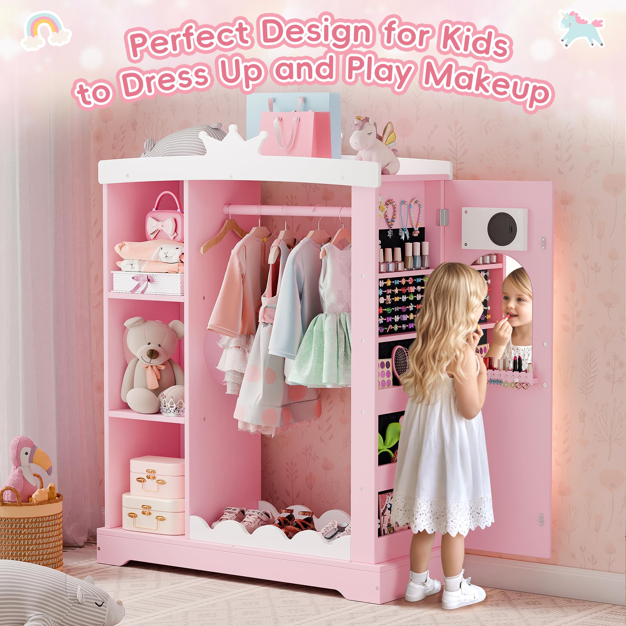 Xilingol Kids Armoire with Jewelry Cabinet & Mirror - Princess Dress Up Storage Wardrobe with Shelves - Pink Costume Organizer for Girls Bedroom & Playroom - Perfect for Birthday Gifts & Pretend Play
