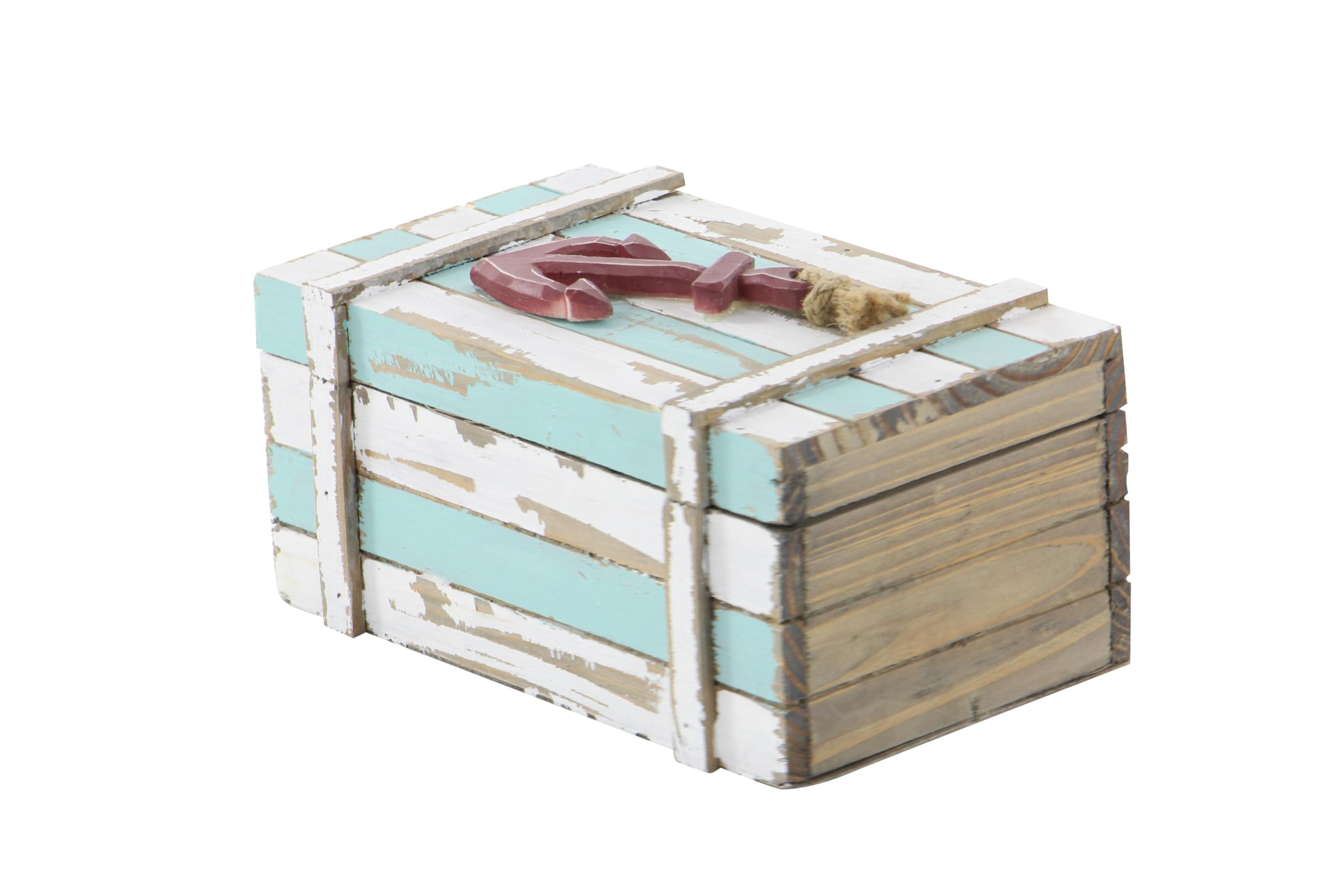 Deco 79 Wooden Decorative Storage Box Set of 2 - Teal Keepsake Box with Anchor Design & Hinged Lid (10