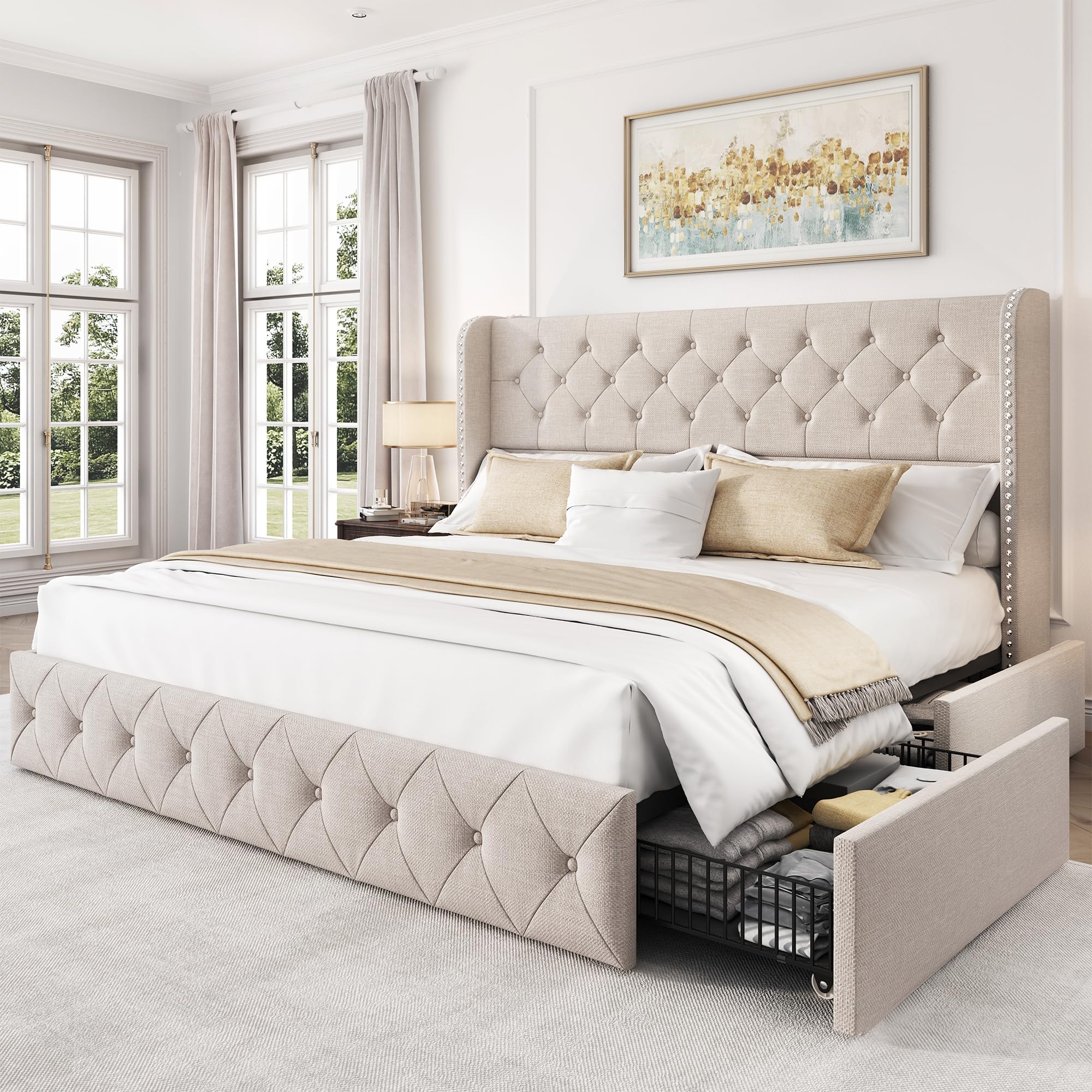 King Size Bed Frame with 4 Storage Drawers & Tufted Headboard - Linen Upholstered Platform Bed with Wooden Slats Support - Easy Assembly Wingback Bed in Beige - Perfect for Master Bedroom, Guest Room & Small Space Storage Solutions