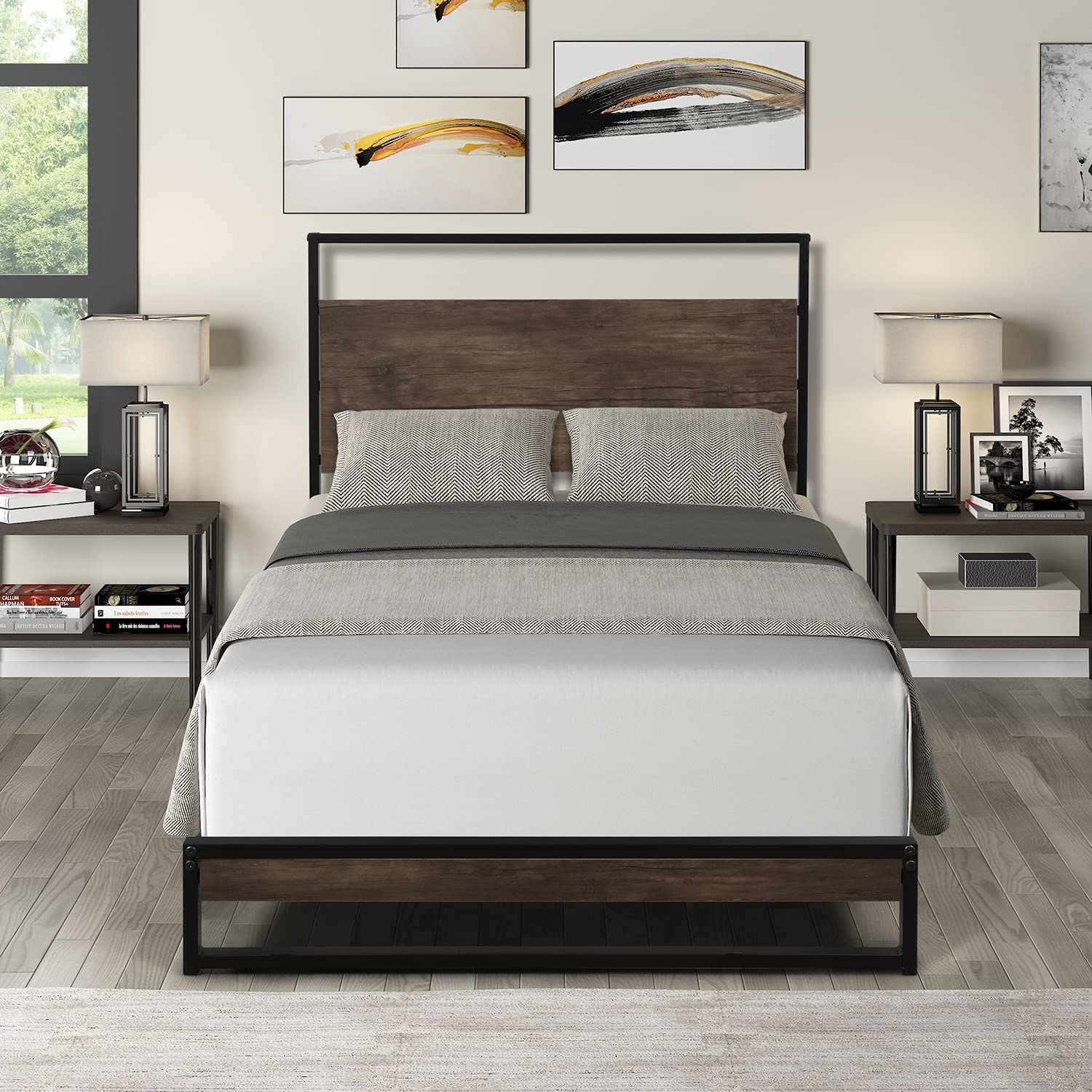 Twin Metal Bed Frame with Wood Headboard - Sturdy Platform Bed with Wooden Slats for Small Spaces - Space Saving Bedroom Furniture for Guest Rooms & Dormitories - Perfect Twin Size Bed for Boys & Teens - Ideal for Apartments, College Dorms and Kids' Bedrooms