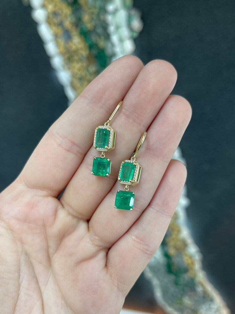 7.39tcw 14K Natural Emerald & Diamond Halo Dangle Drop Earrings for Women - Elegant Green Gemstone Jewelry Gift for Wedding, Party & Special Occasions