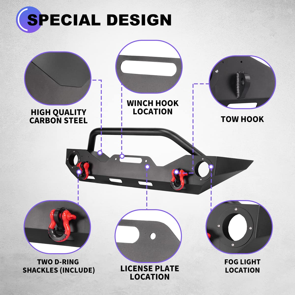 WOLFSTORM Heavy Duty Steel Front Bumper for 2007-2018 Jeep Wrangler JK/JKU & 2018-2025 JL/JLU & 2019-2025 Gladiator JT - Full Width Off-Road Bumper with 2x D-Ring Shackles - Perfect for Trail Riding, Rock Crawling & Overland Adventures
