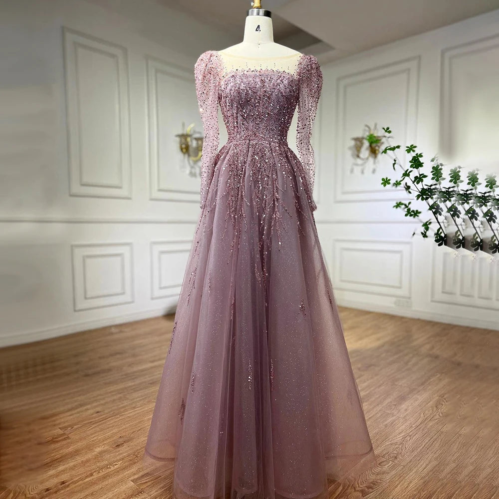 Elegant Dusty Pink Long Sleeve Evening Gown - Luxury Dubai Party Dress for Women LA71915 | Perfect for Weddings, Galas & Formal Events
