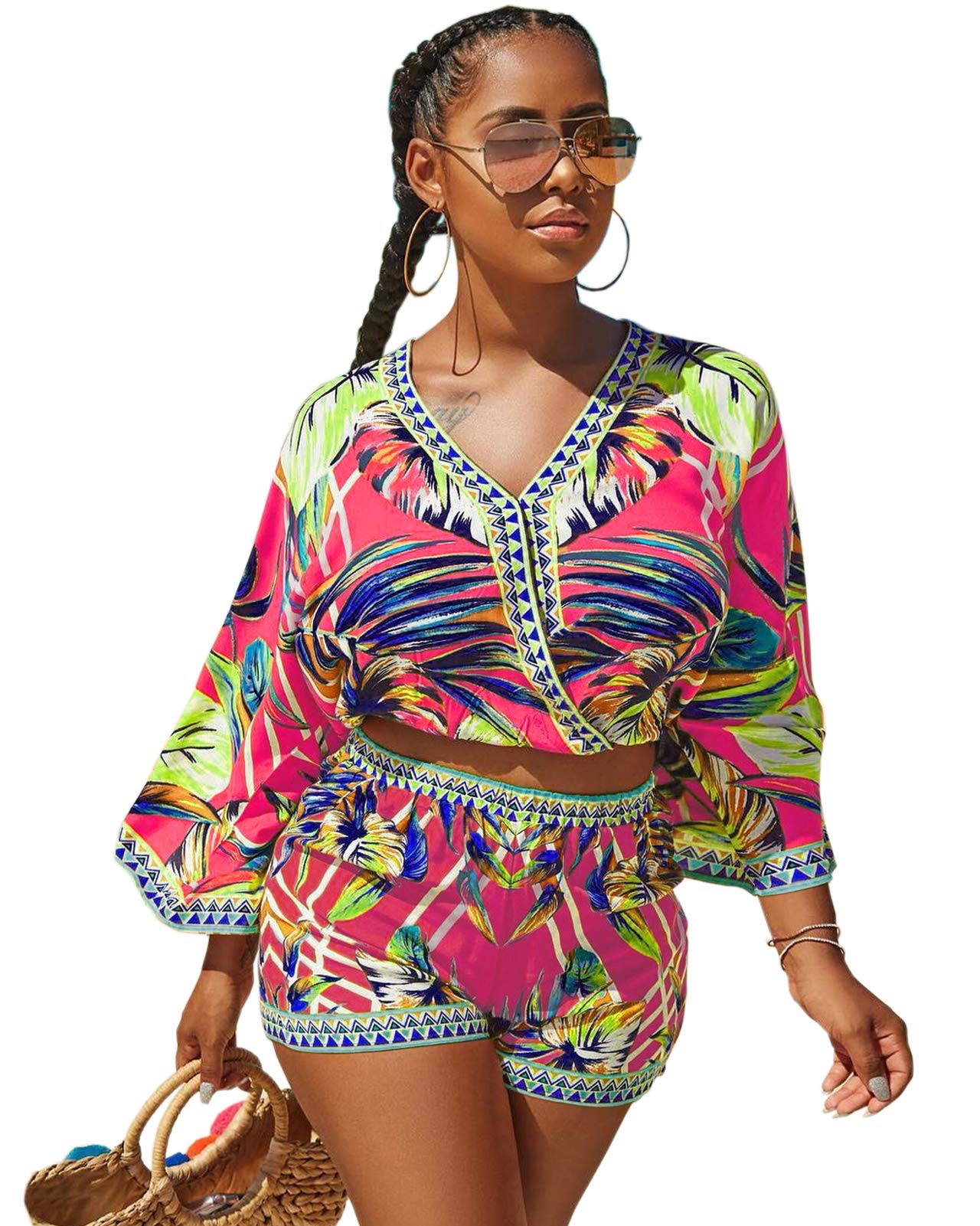 Women's 2-Piece Summer Outfit - Floral Print Boho Crop Top & Shorts Set | Casual Beachwear, Vacation Outfits, Street Style Fashion