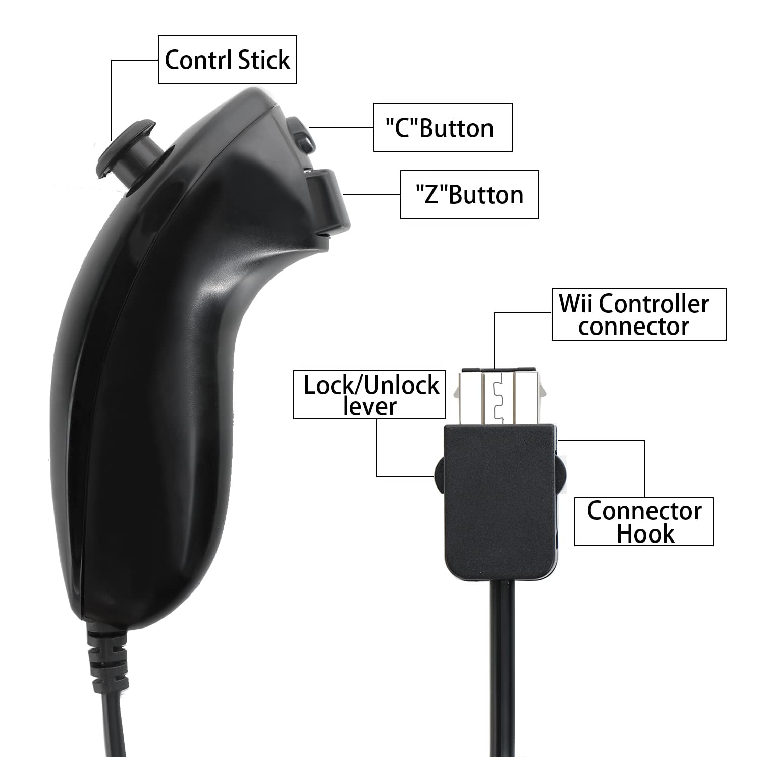 2-Pack Nunchuck Controller Replacement for Nintendo Wii & Wii U - Wireless Gamepad Joystick with Motion Control (Black+White) - Perfect for Wii Sports, Mario Kart & Family Gaming Parties