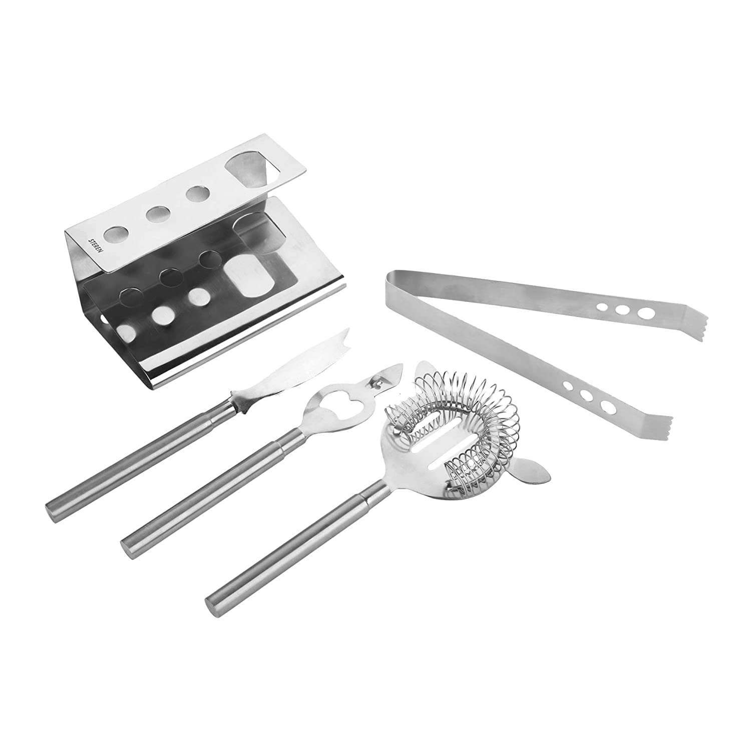 Premium Stainless Steel Bar Tool Set - Ice Tongs, Strainer, Bottle Opener & Knife for Home Bars, Cocktail Making & Professional Bartending