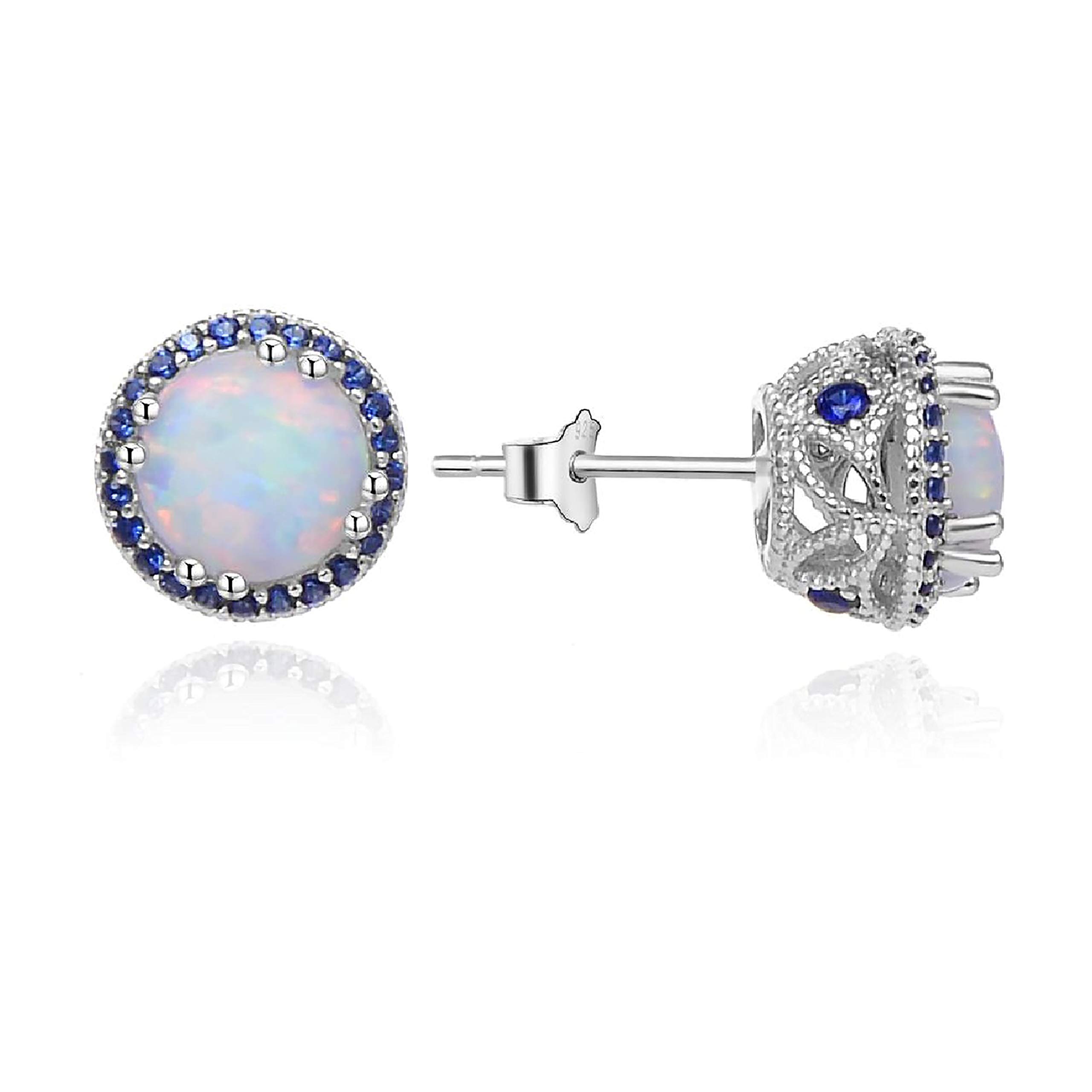 Platinum Plated Sterling Silver Created Opal Stud Earrings with Cubic Zirconia Halo - Women's Birthstone Jewelry for Parties, Gifts & Everyday Wear