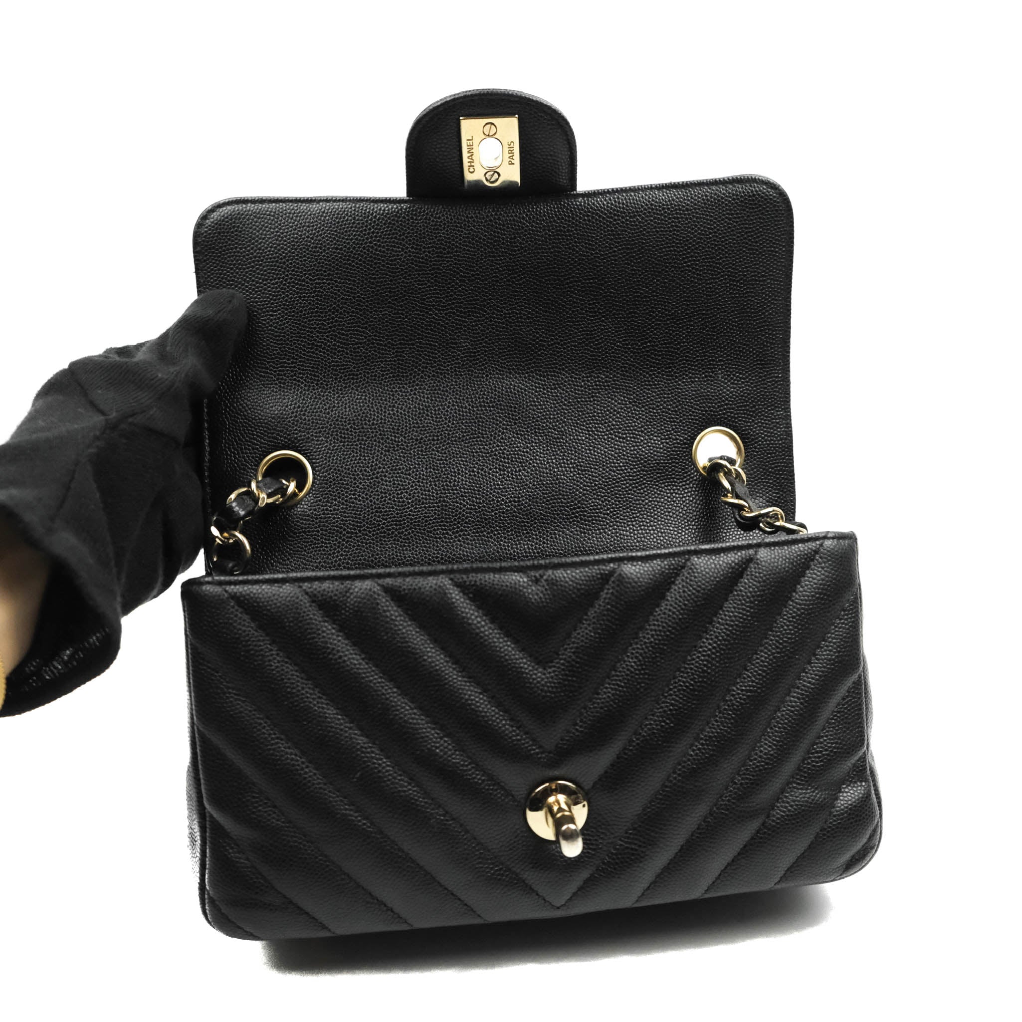 Chanel Chevron Mini Rectangular Flap Bag in Black Caviar Leather with Gold Hardware - Perfect for Evening Events & Luxury Fashion Accessories