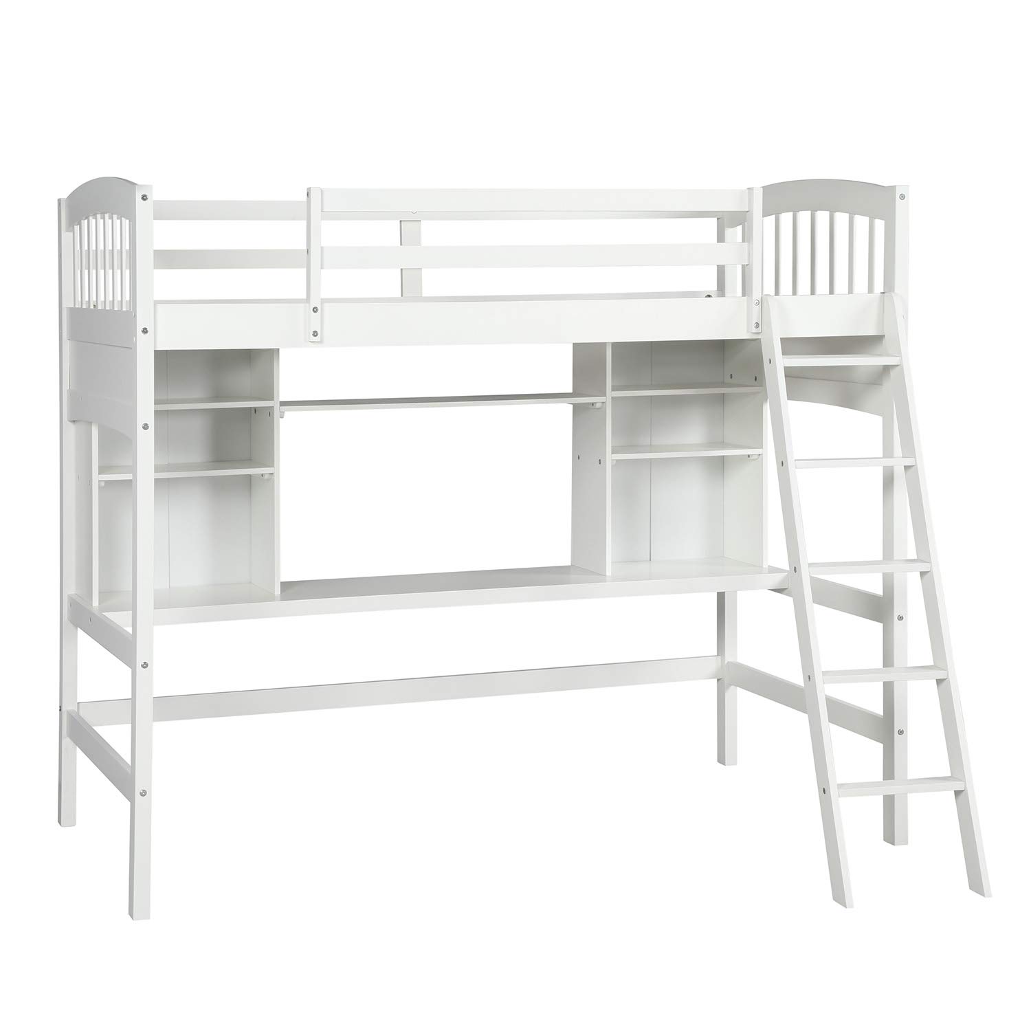 Twin Loft Bed with Desk & Storage Shelves - Sturdy Wood Frame with Guardrails & Angled Ladder for Kids, Teens & Adults - No Box Spring Needed - White - Perfect for Small Bedrooms, Dorm Rooms & Space-Saving Kids' Rooms