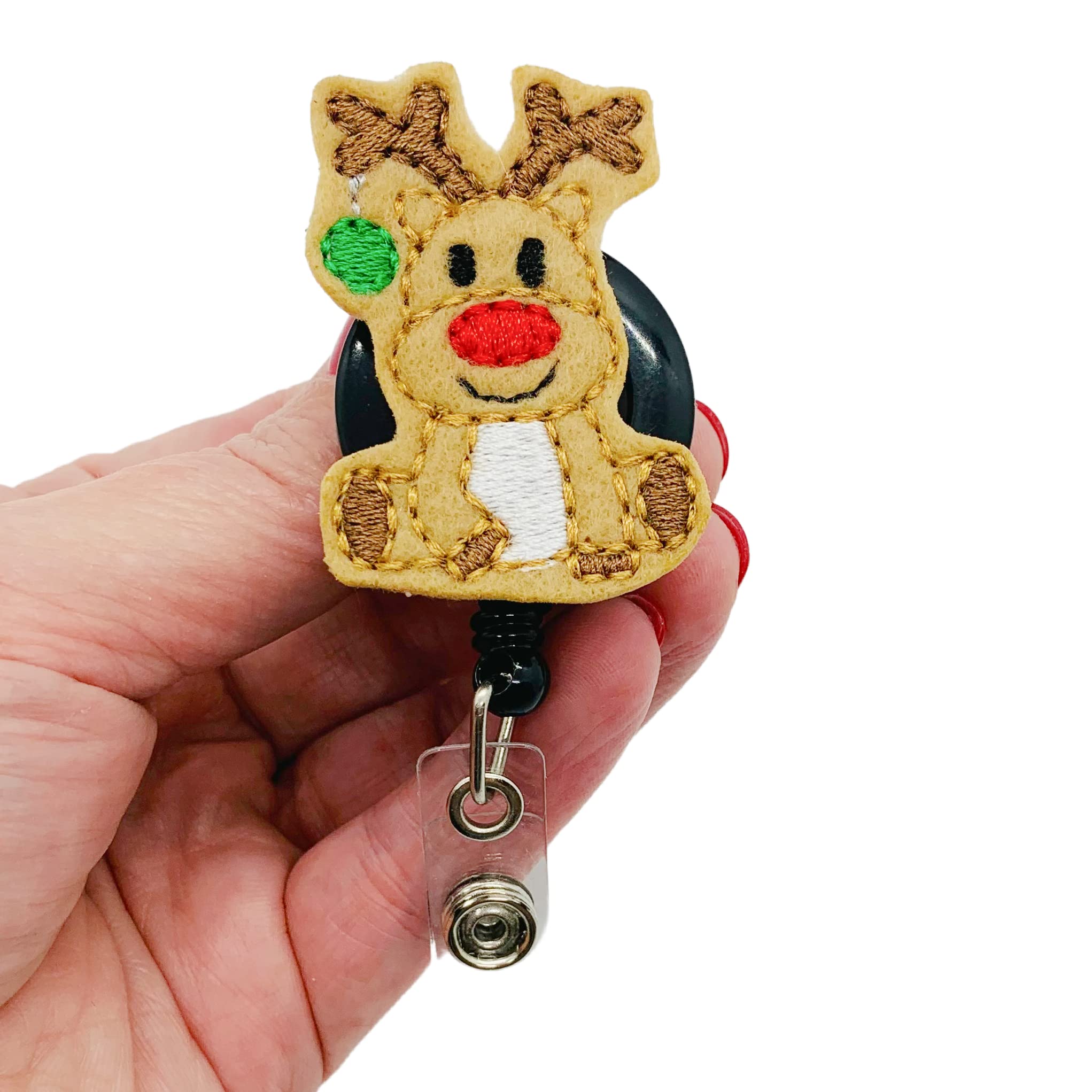 Retractable Christmas ID Badge Reel with Reindeer Design - Deer Name Tag Clip (Carabiner) for Office, School, or Holiday Events