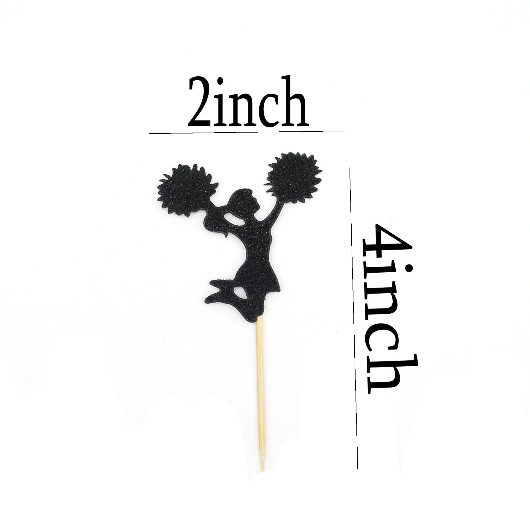 20 PCS Black Glitter Cheerleading Cupcake Toppers - Gymnastics Party Decorations for Birthday, Gym Theme Party, Cheer Competition & Sports Celebration