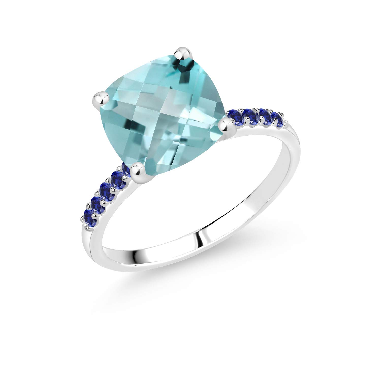 10K White Gold Engagement Ring with 5.39 Ct Cushion Checkerboard Sky Blue Topaz & Created Sapphire - Gem Stone King | Perfect for Proposals, Anniversaries & Special Occasions