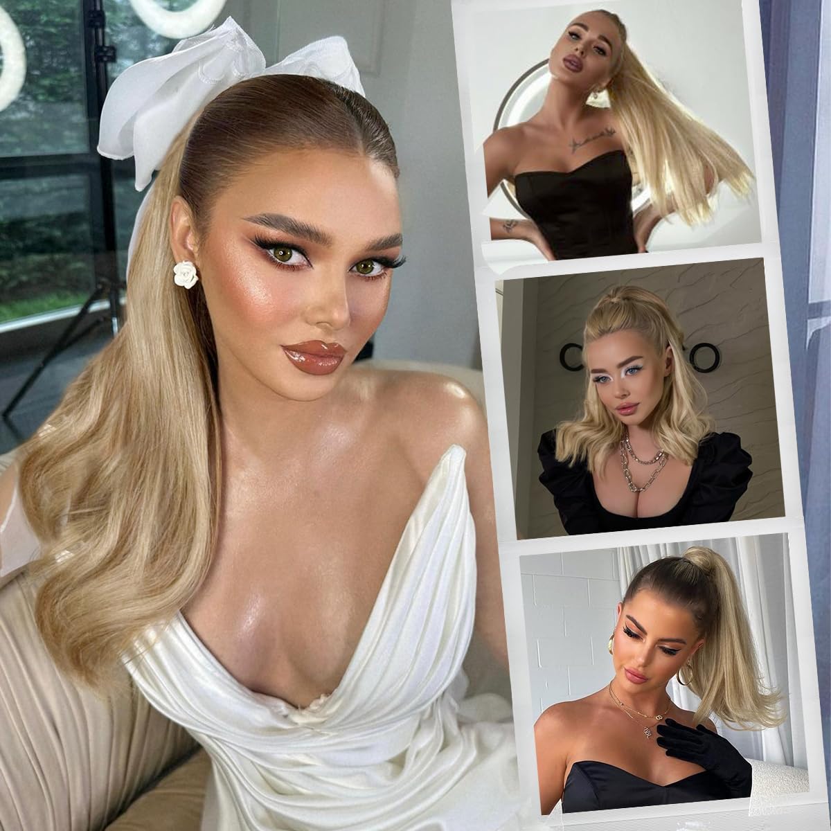 RECOOL 22 Inch Clip-In Ponytail Hair Extensions - Light Blonde to Bleach Blonde Remy Human Hair - Wrap Around Ponytail Extension for Women - Long Straight Natural Look - Perfect for Parties, Weddings & Everyday Styling