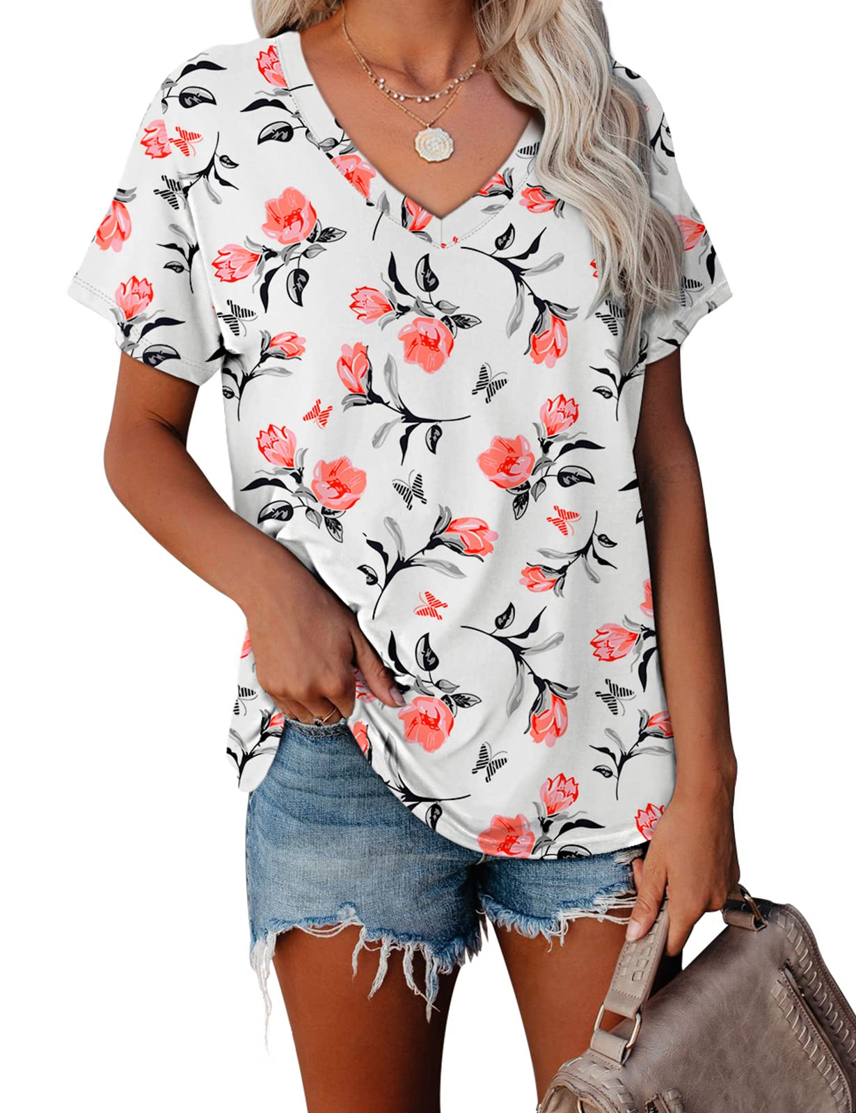 WEESO Women's V-Neck Color Block T-Shirt - Soft Summer Short Sleeve Casual Top for Outfits, Work, Travel & Daily Wear