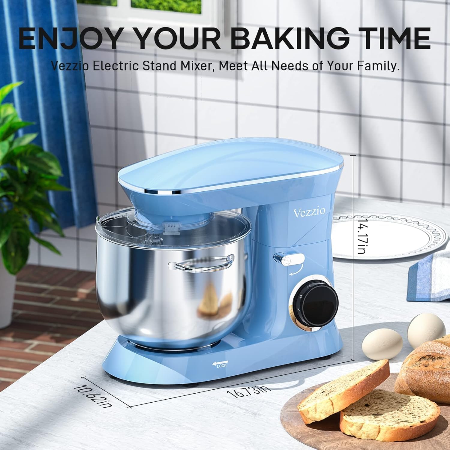 Vezzio 660W 10-Speed Tilt-Head Stand Mixer with 9.5 Qt Stainless Steel Bowl - Dishwasher Safe Attachments - Powerful Electric Kitchen Mixer for Baking, Dough, Whipping - Perfect for Home Bakers & Cooking Enthusiasts (Blue)