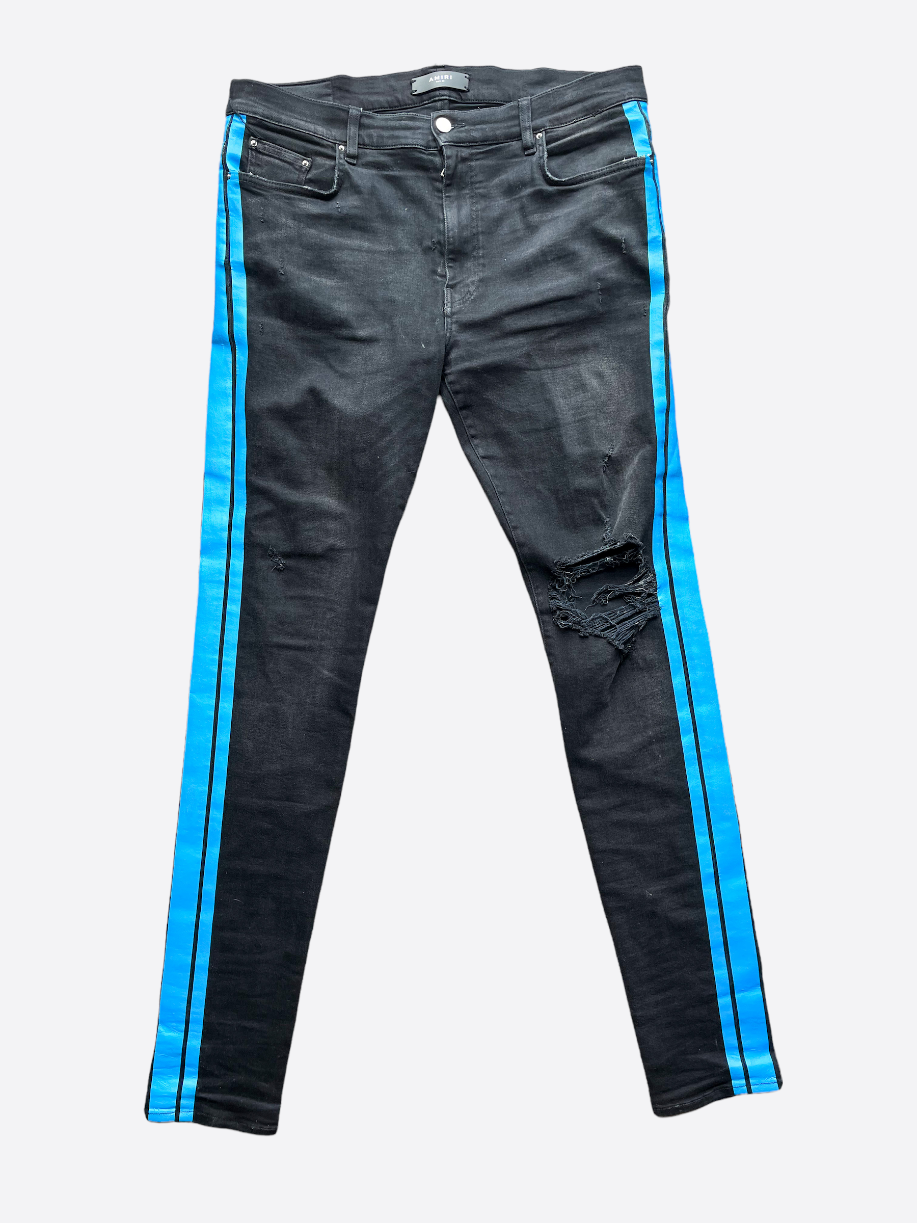 Amiri Blue Stripe Distressed Track Denim Jeans for Men - Vintage Washed Slim Fit Skinny Jeans | Perfect for Streetwear, Casual Outfits & Night Out