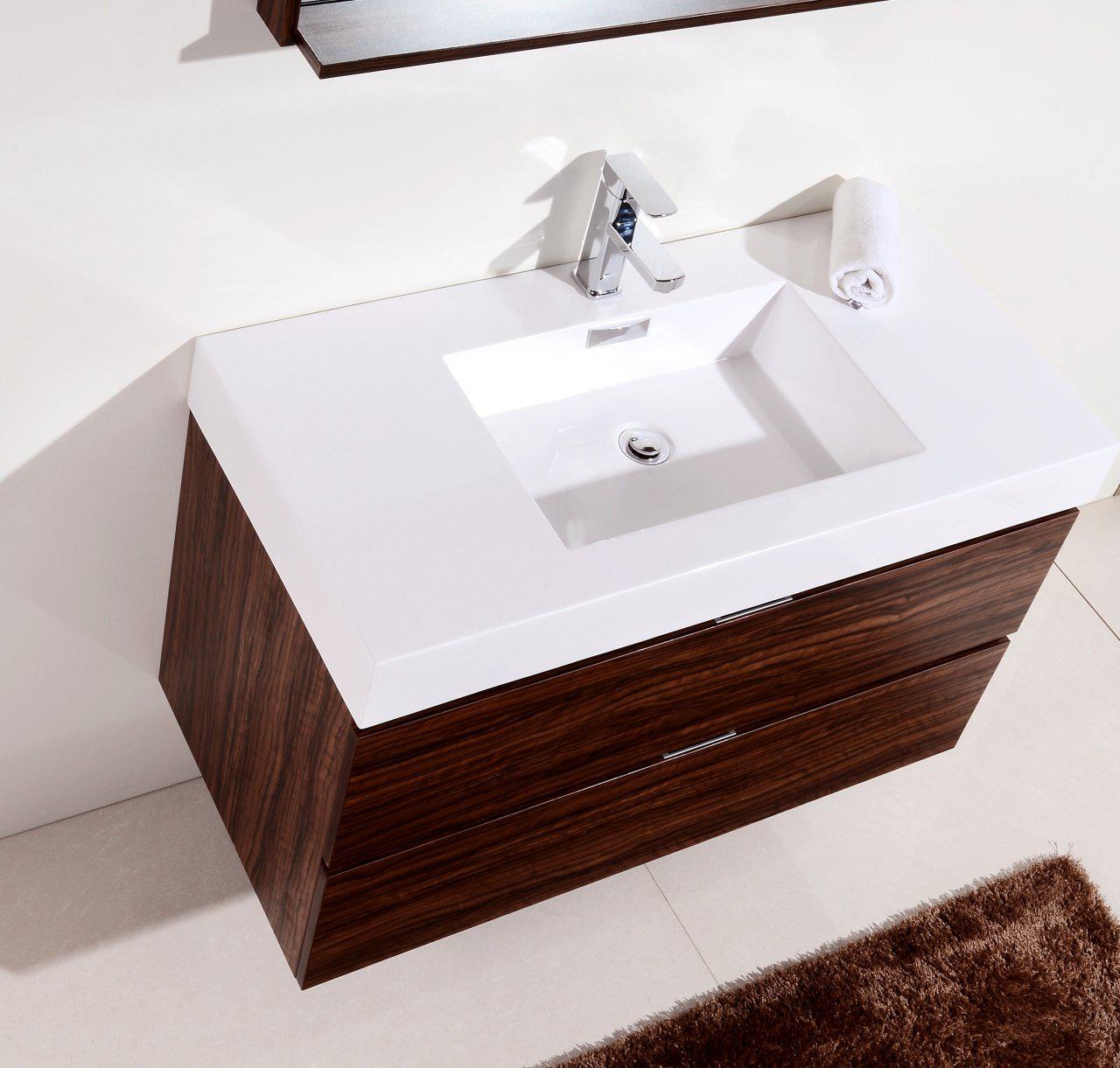 Modern Walnut Bathroom Vanity 40 Inch Wall Mount - Space Saving Design for Small Bathrooms & Powder Rooms