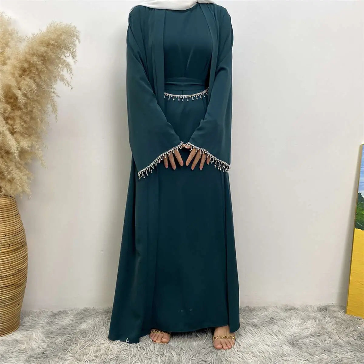 2-Piece Rhinestone Open Abaya Dress Set with Inner Sleeveless Dress & Belt - Elegant Muslim Fashion for Weddings, Parties & Special Occasions