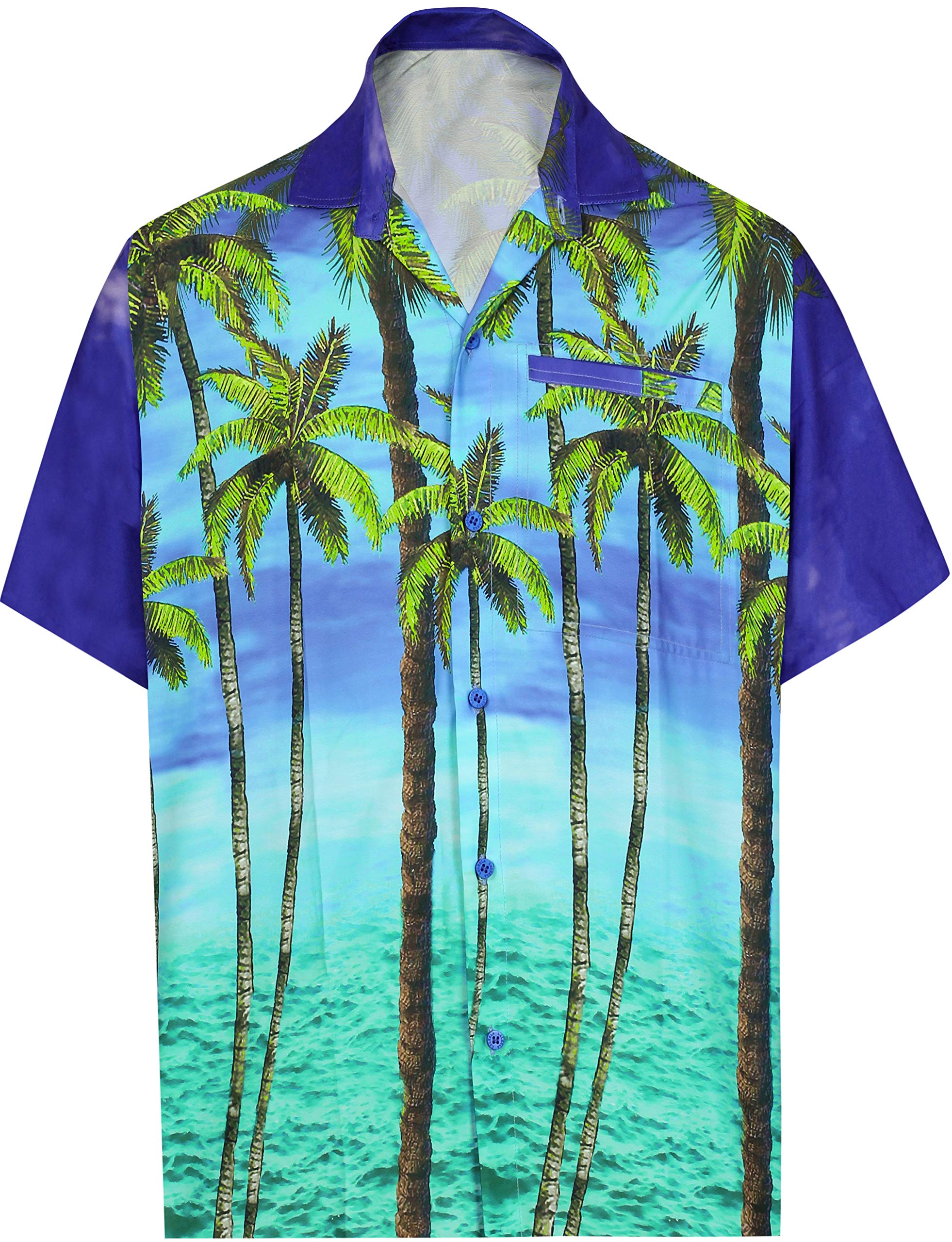 LA LEELA Men's Hawaiian Shirt - Short Sleeve Button Down Tropical Shirt for Summer Vacation, Beach Party & Casual Wear - Royal Blue with Palm Tree Print - Perfect for Luau, Island Getaways & Outdoor Events