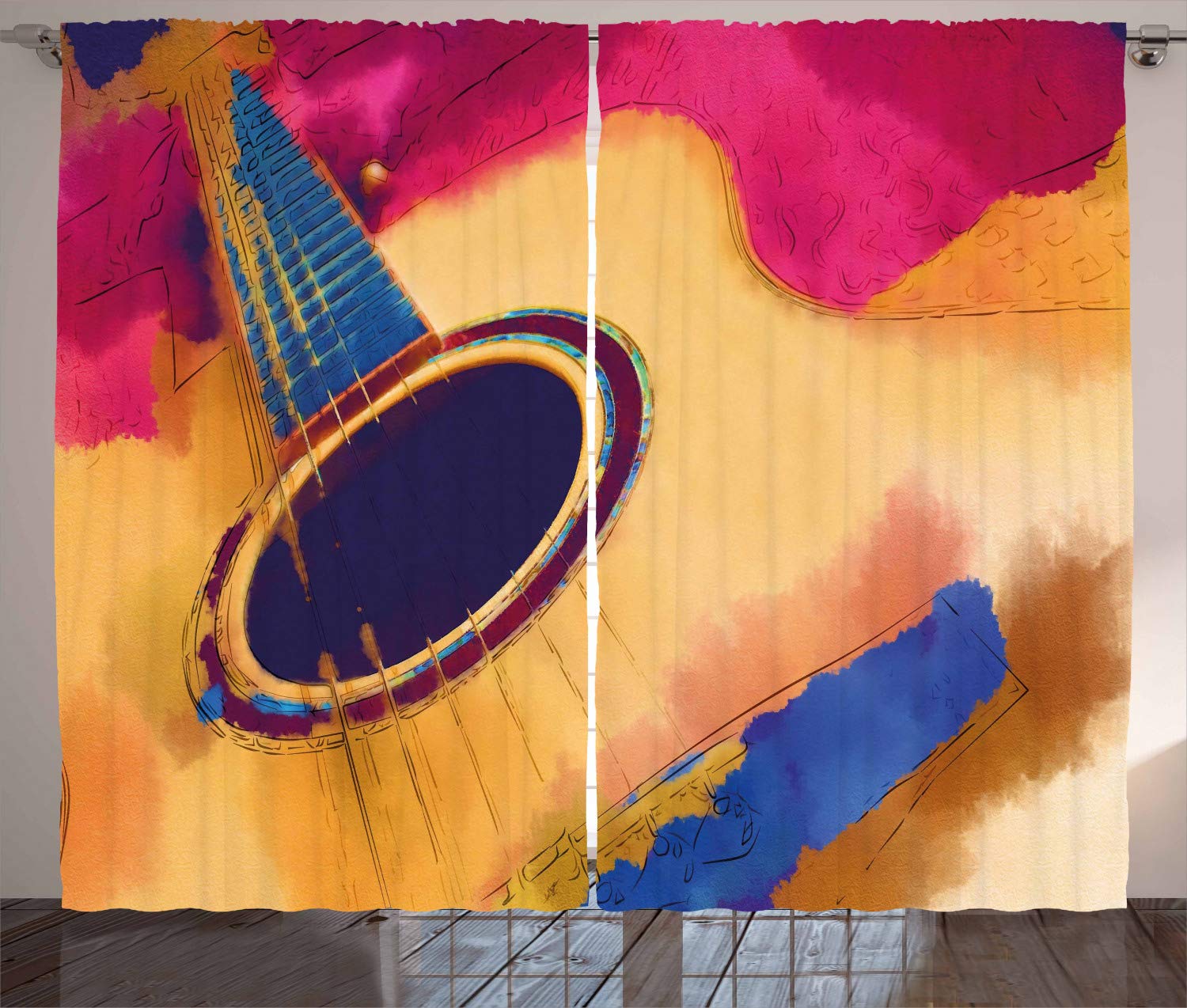 Ambesonne Guitar Curtains - Abstract Strings Watercolor Print Vintage Design - 2 Panel Window Drapes for Living Room & Bedroom - 108
