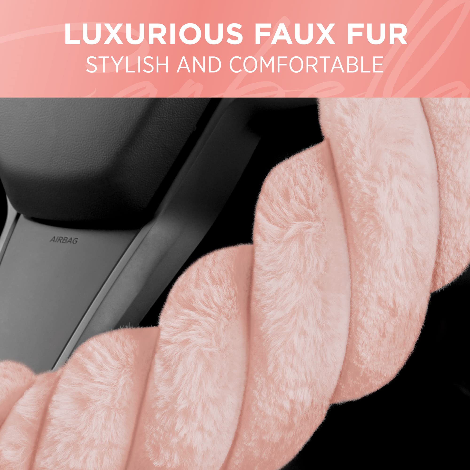 **Soft Pink Faux Fur Steering Wheel Cover - 15 Inch Universal Fit for Most Cars, Fluffy & Cozy Car Accessories for Women - Perfect for Winter Driving & Stylish Interior Upgrade**