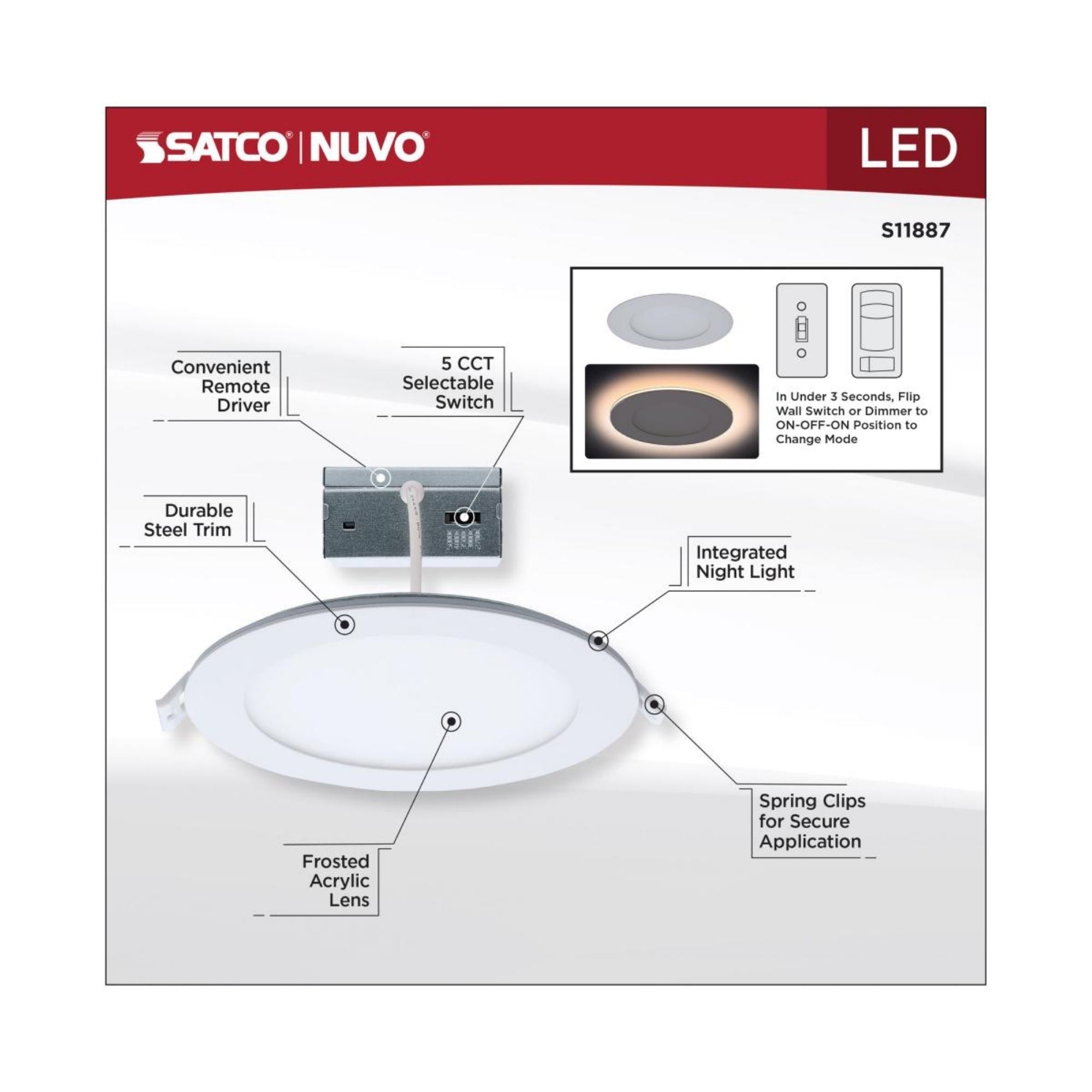 6 Inch LED Recessed Downlight with Night Light - 1000 Lumens, Adjustable Color Temperature (2700K-5000K), White Round Trim - Perfect for Bedrooms, Kitchens, and Hallways