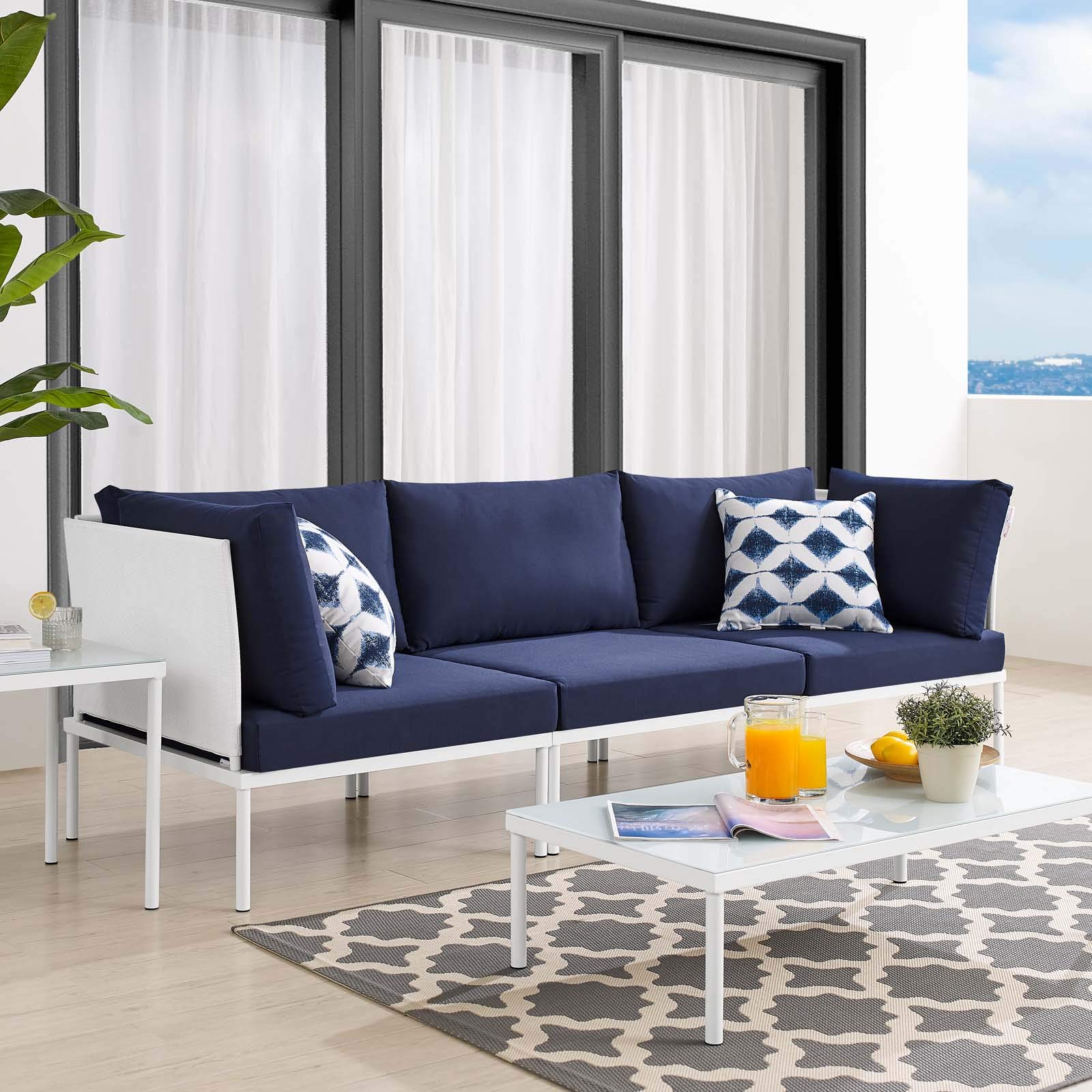 Modway EEI-4967-WHI-NAV Harmony Outdoor Patio Aluminum Sofa Set - White & Navy Blue Weather-Resistant Furniture for Backyard, Poolside & Garden Relaxation