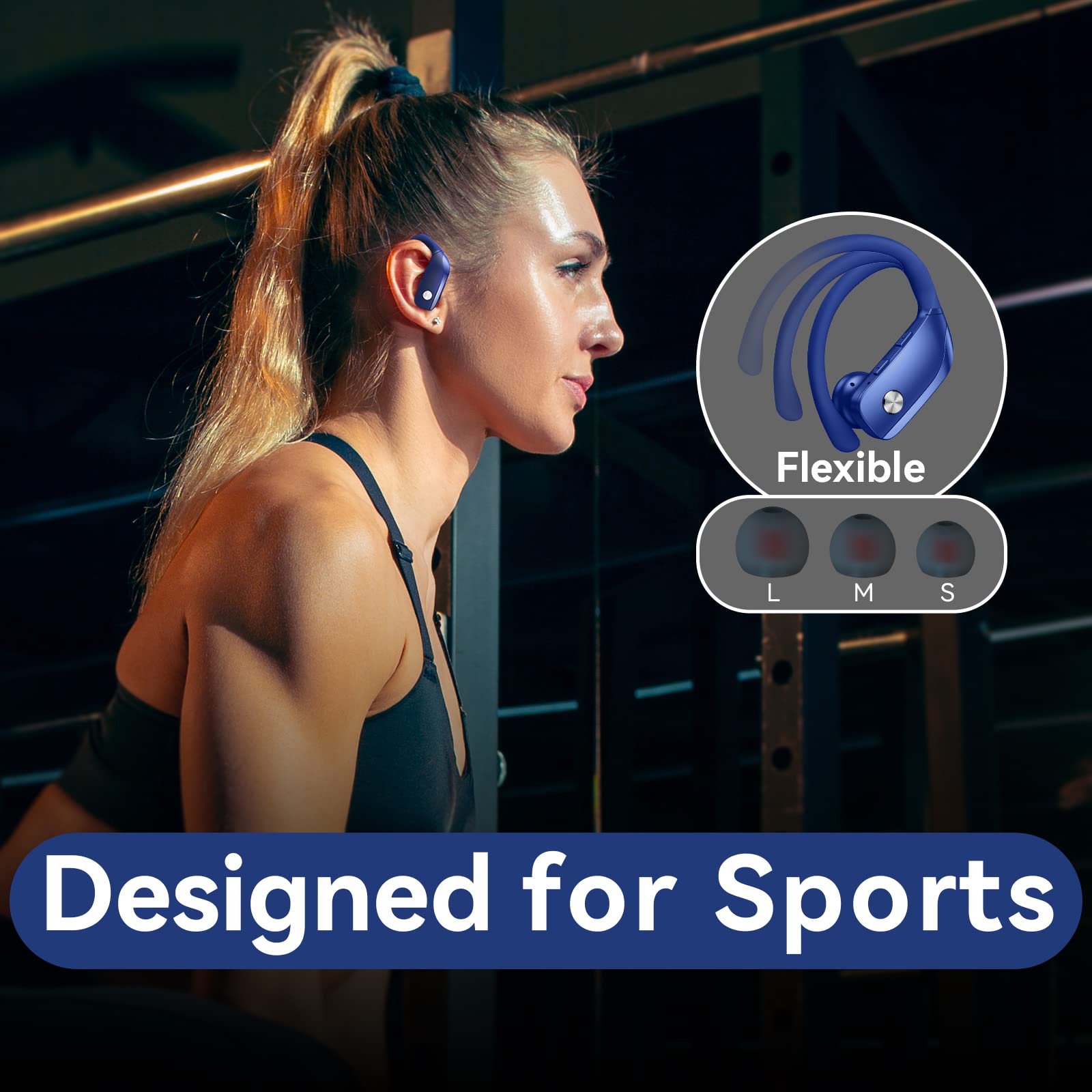 bmani Wireless Bluetooth Earbuds with LED Display - 48H Playtime, Built-in Mic, Secure Earhooks for Sports & Workouts - Sweatproof Over-Ear Headphones for Running, Gym & Outdoor Activities (Blue)