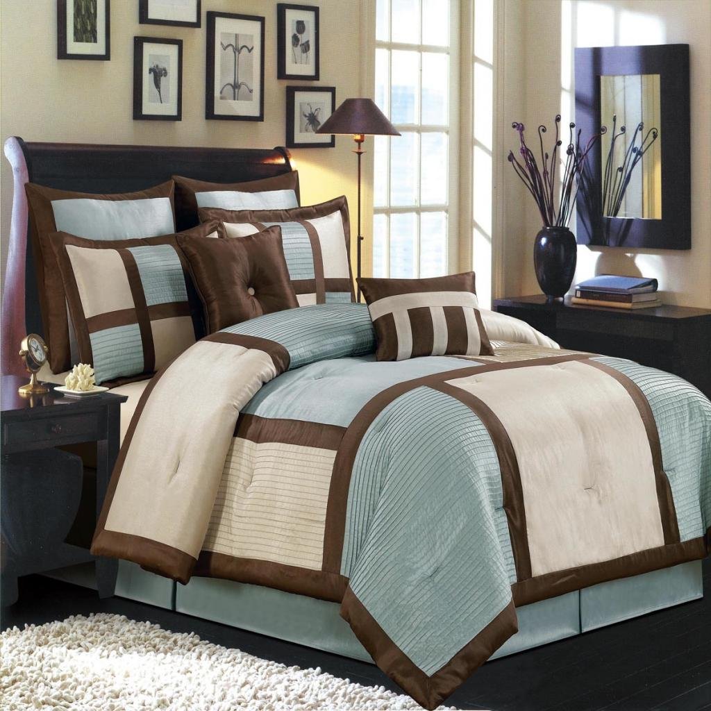 Luxurious OLYMPIC QUEEN Size 12-Piece BLUE MORGAN Comforter Set - Includes Comforter, Pillow Shams, Decorative Pillows, Bed Skirt & BONUS Sheet Set (Blue/Brown/Ivory) - Perfect for Master Bedroom, Guest Room & Luxury Hotel Decor