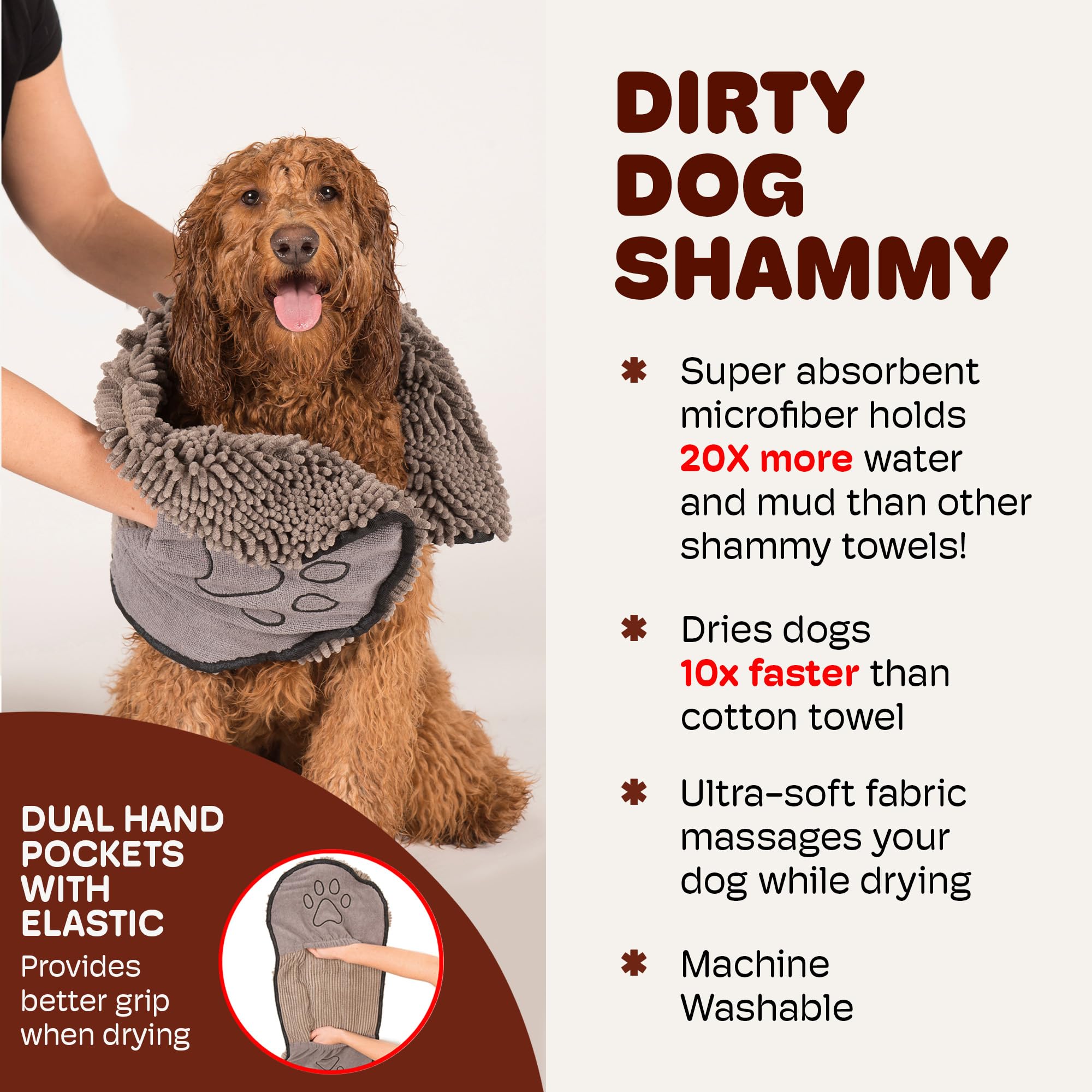 Dog Gone Smart The Dirty Dog Shammy - Super Absorbent Microfiber Pet Towel with Dual Hand Pockets & Elastic Band | Fast Drying, Machine Washable Plush Towel for Dogs (Grey) | Perfect for Bath Time, Grooming & Post-Walk Drying