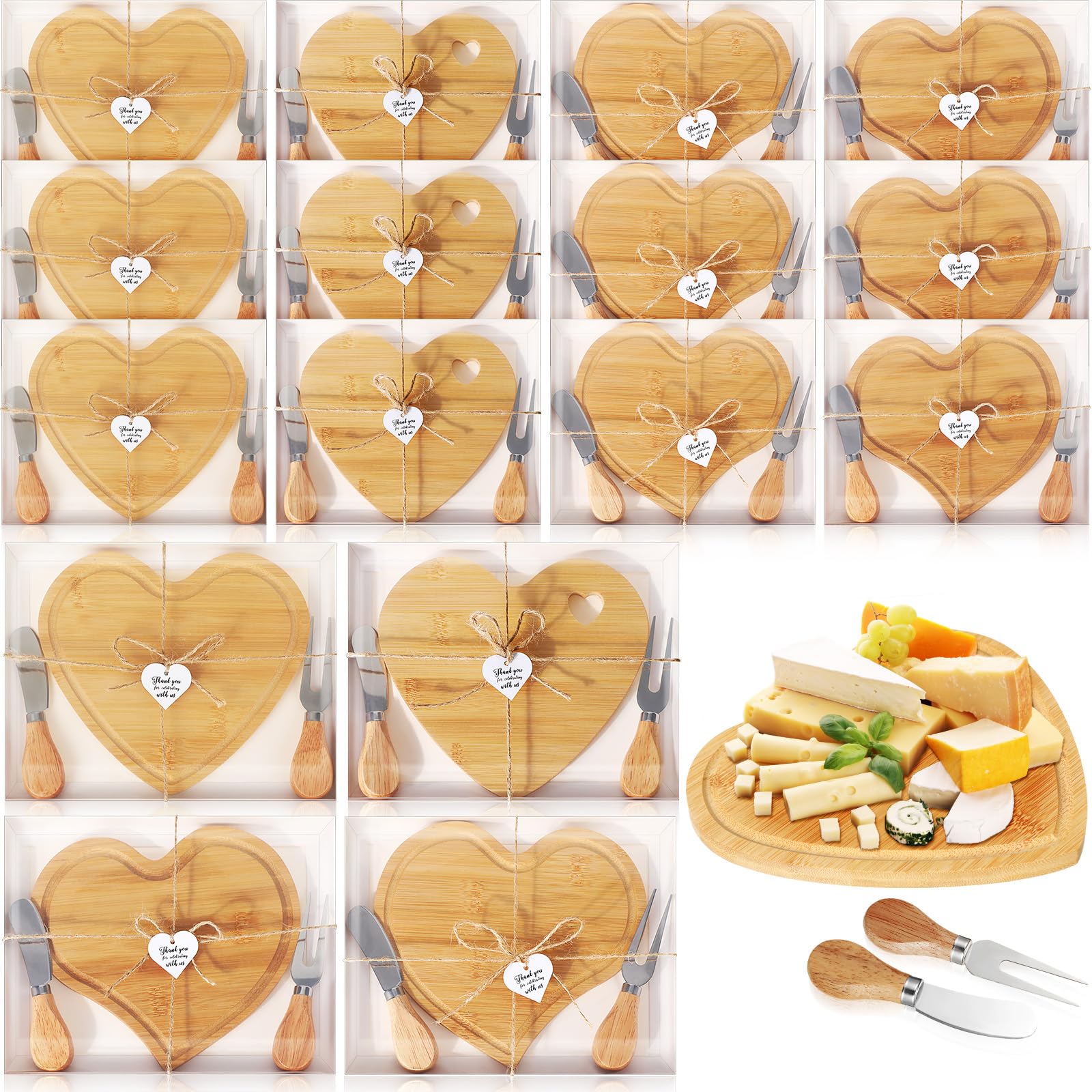 16-Piece Bamboo Cheese Board Set with Wooden Cheese Knives & Thank You Tags - Perfect for Weddings, Bridal Showers, Valentine's Day & Birthday Parties - Elegant Heart-Shaped Serving Tray for Charcuterie, Appetizers & Entertaining Guests