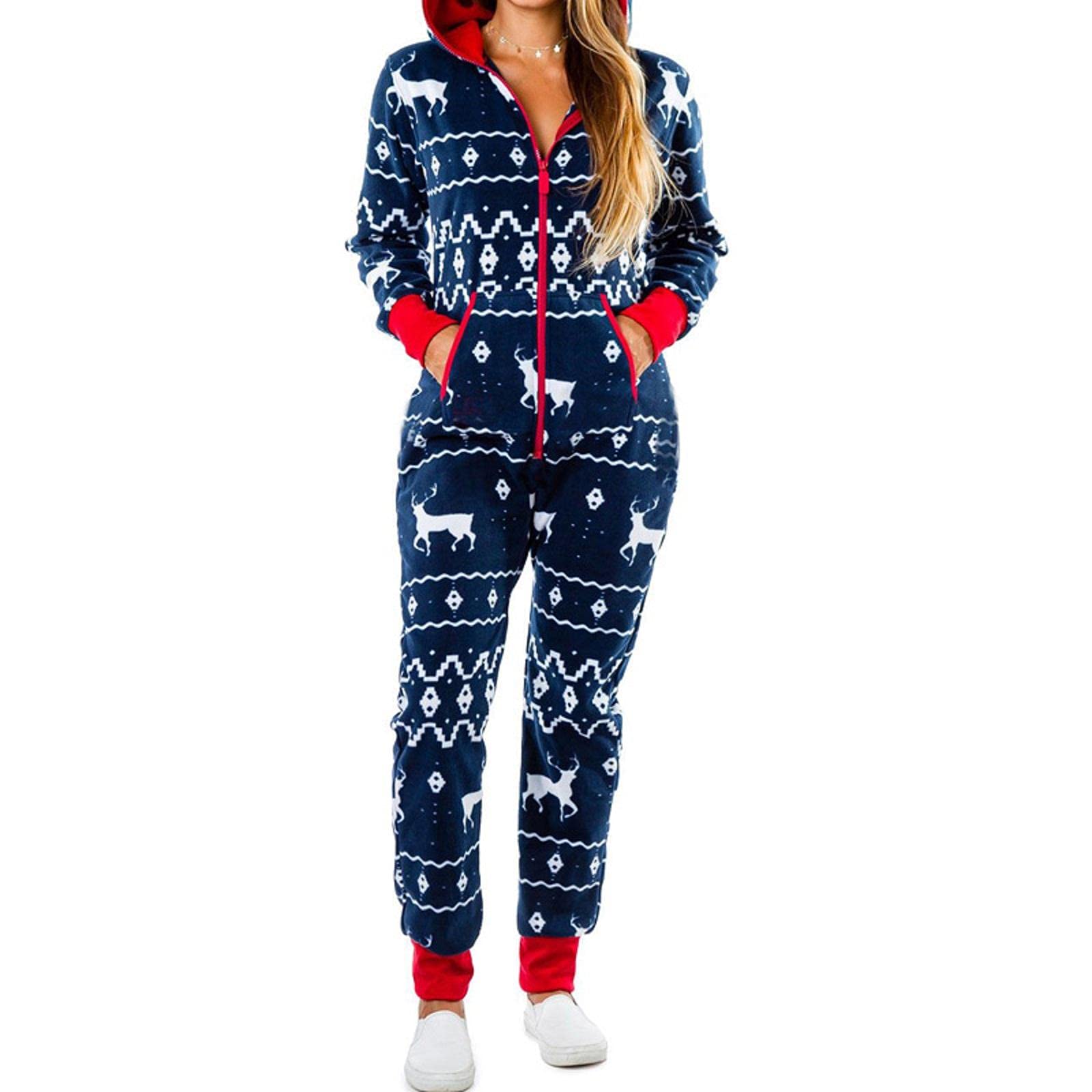 Women's Christmas Fleece Hooded Jumpsuit - Cozy Zipper Romper Pajamas for Winter Sleepwear | Perfect for Holiday Parties, Family Gatherings & Festive Sleepovers