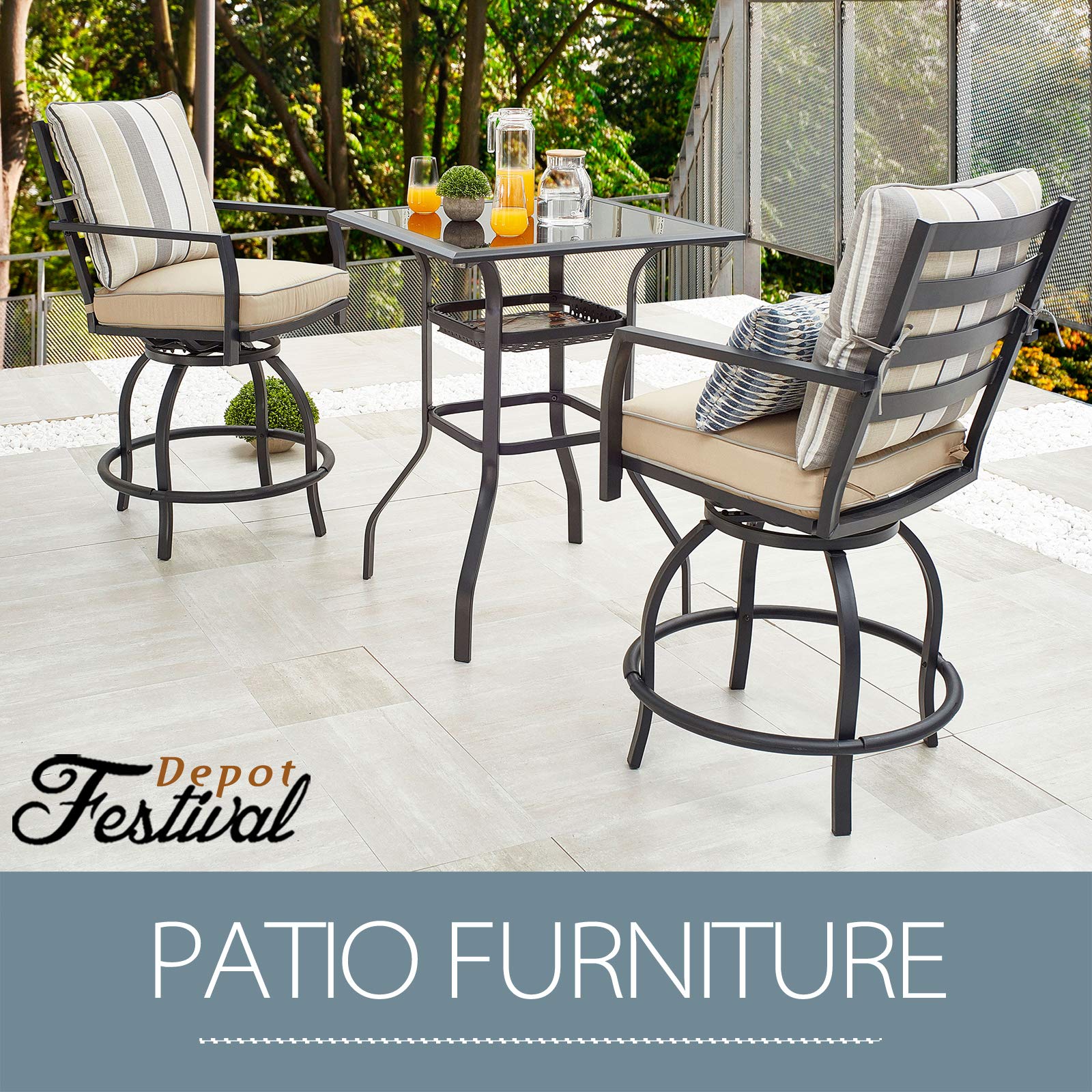 360° Swivel Patio Dining Set with Cushions - 3-Piece All-Weather Metal Bar Height Stools & Bistro Table for Outdoor, Garden, Deck, Poolside (Beige) - Perfect for BBQs, Parties & Relaxing in Your Backyard