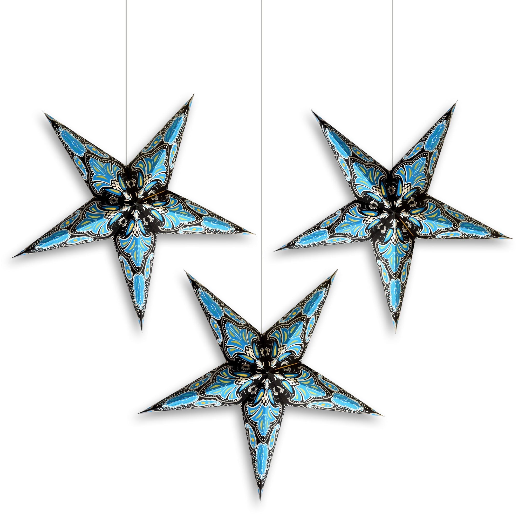 3 Pack 24 Inch Blue Green Glitter Paper Star Lantern with Pendant Lights - Party Decor, Wedding Centerpiece, Boho Bedroom Lighting, Outdoor Garden Hanging Decorations