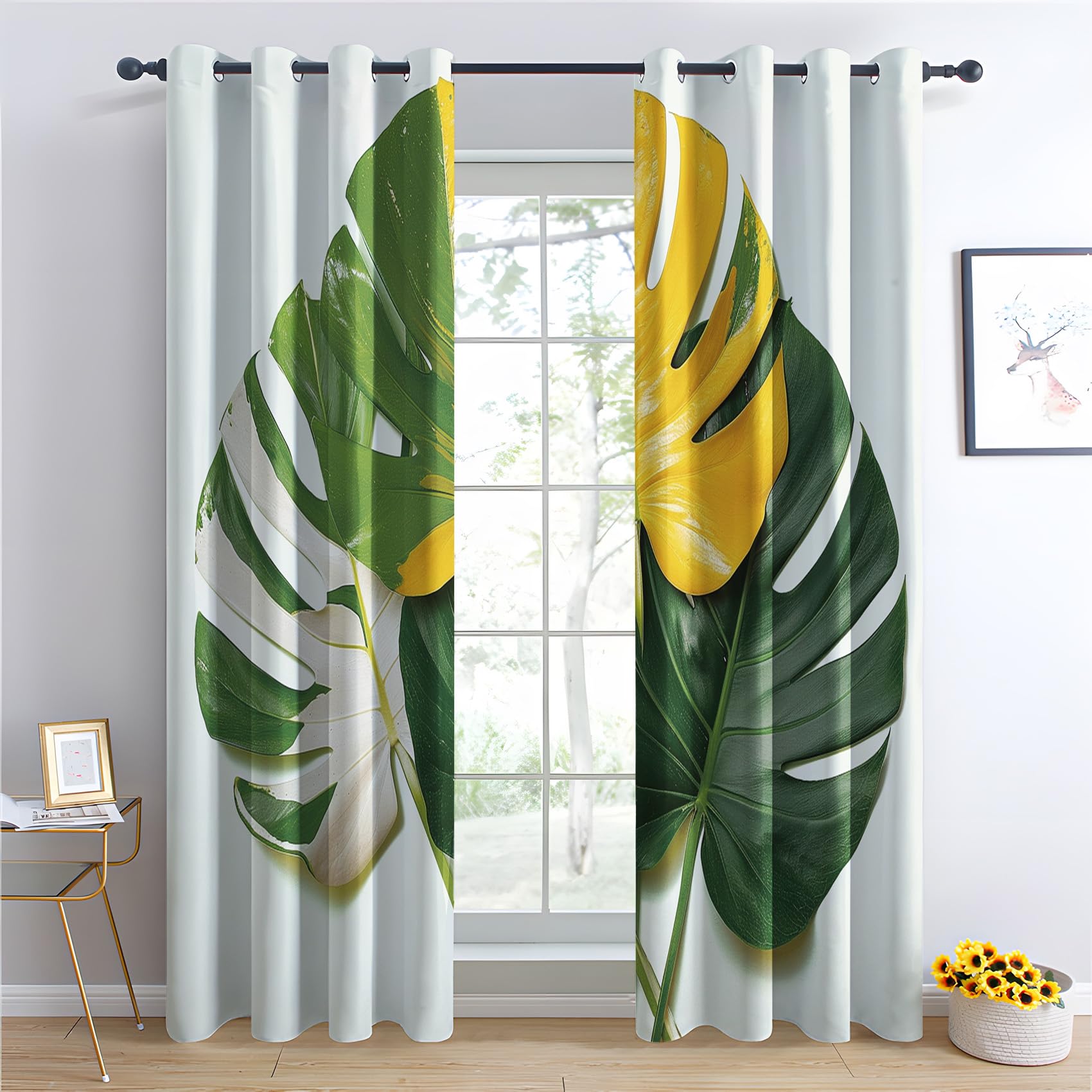 Monstera Leaf Blackout Curtains for Bedroom & Living Room - Tropical Plant Design, 52x90 Inch Grommet Window Drapes (2 Panels) - Green & Yellow Leaf Pattern for Light Blocking & Privacy - Perfect for Nursery, Home Office & Tropical Decor