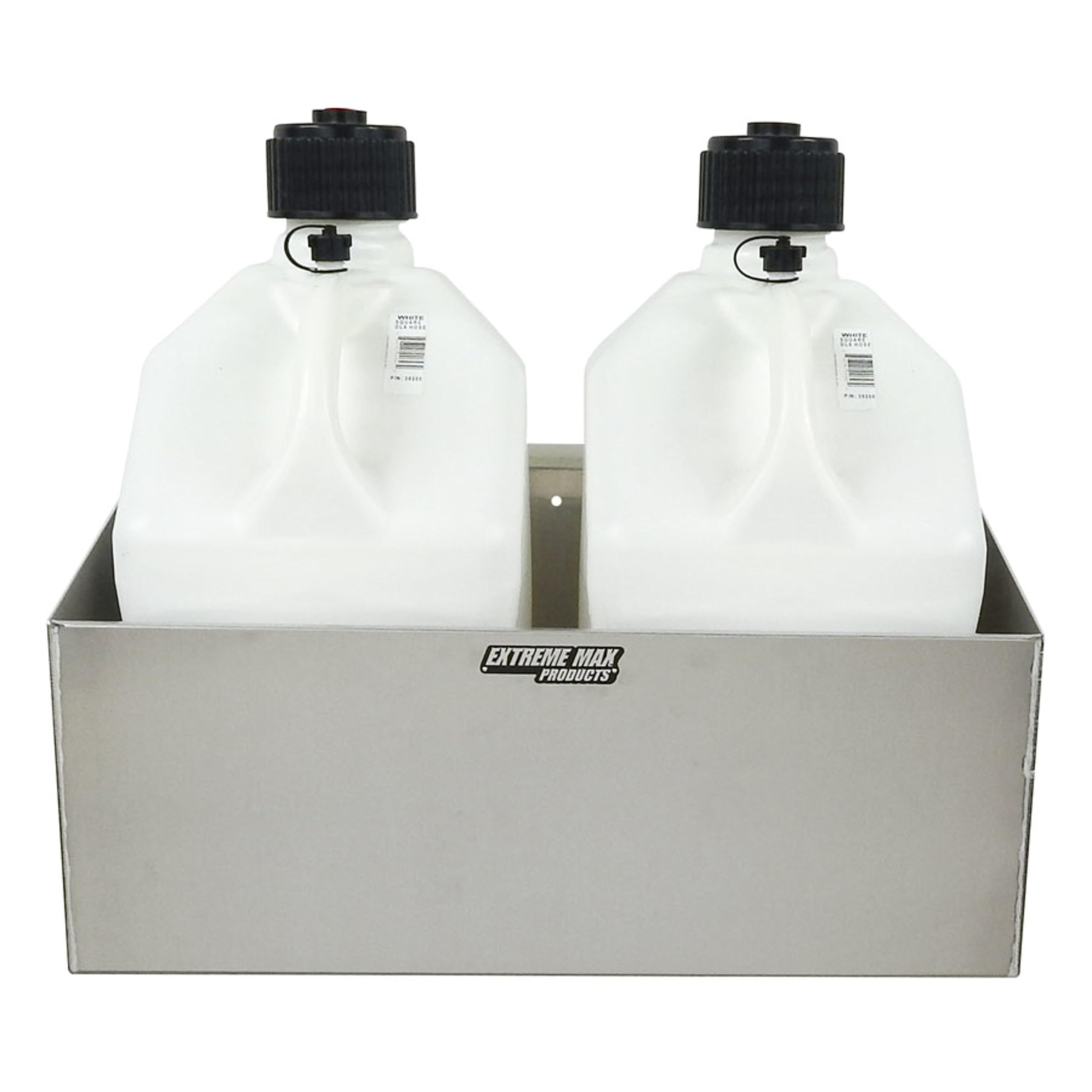 Extreme Max 5001.6044 Aluminum Dual Fuel Jug Holder - Heavy Duty 2 x 5 Gallon Container Organizer for Gas & Diesel - Perfect for Race Trailers, Workshops, Garages & Storage Areas - Durable Silver Finish