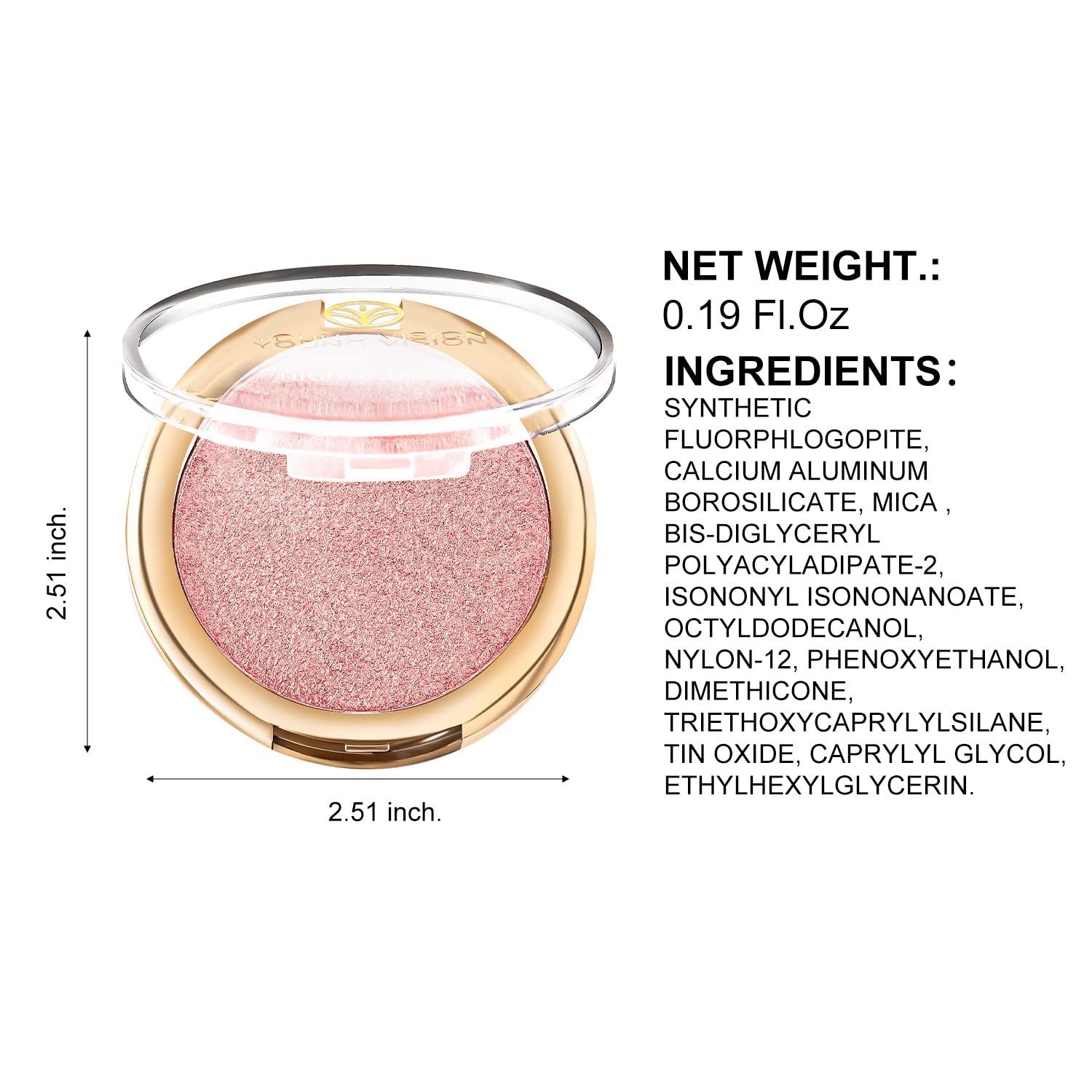 YOUNG VISION Baked Highlighter Powder Palette - Sheer Pearl Shimmer Face Highlighter & Blush Makeup Kit, Highly Pigmented Rose/Pink Shade, 0.19 Oz (Pack of 1) | Perfect for Contouring, Everyday Glow & Special Occasion Makeup