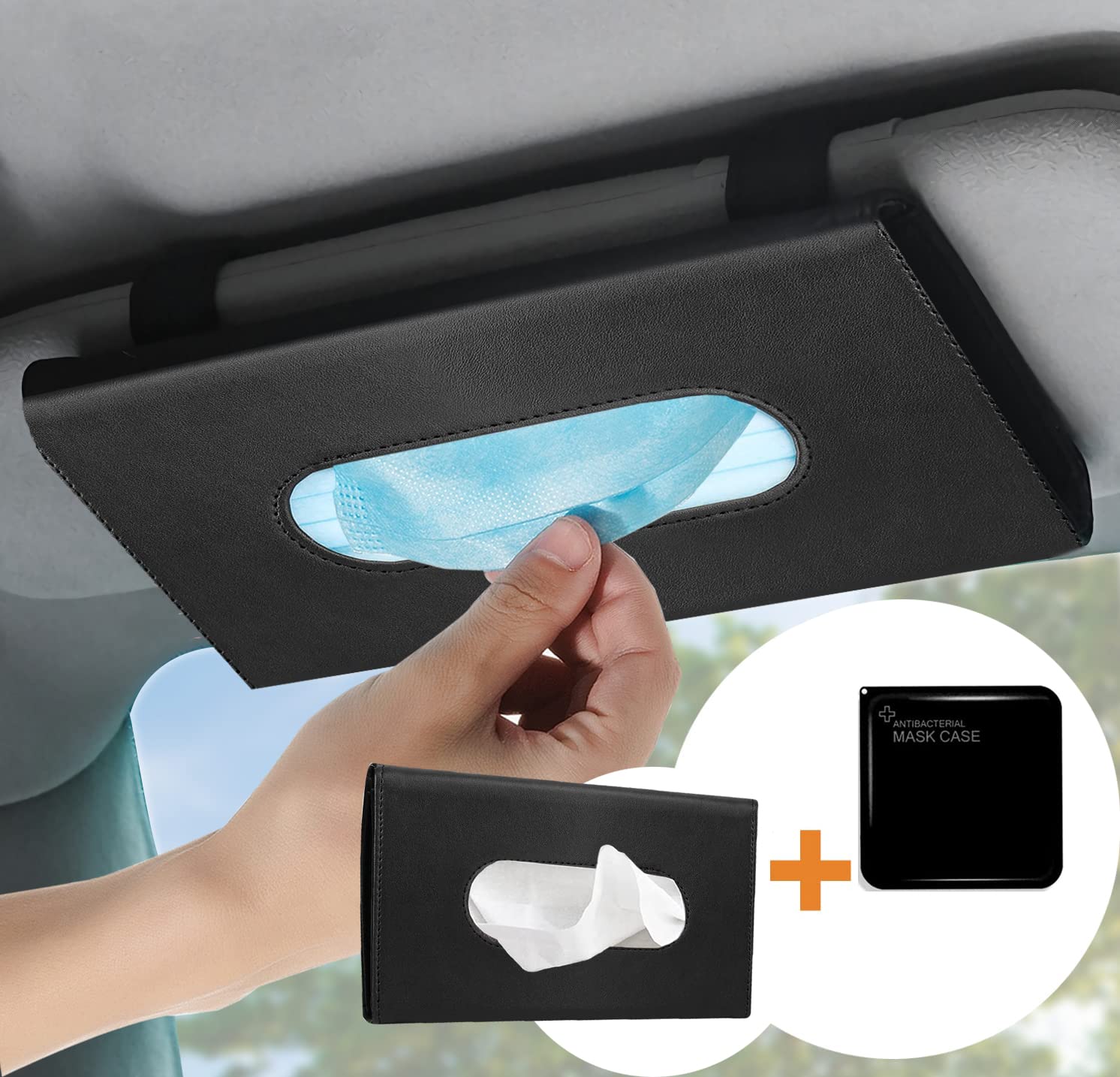 Premium Leather Car Visor Mask Holder & Tissue Dispenser Organizer - Portable Black Mask Storage Case for Car Accessories | Perfect for Road Trips, Commuting & Daily Car Organization